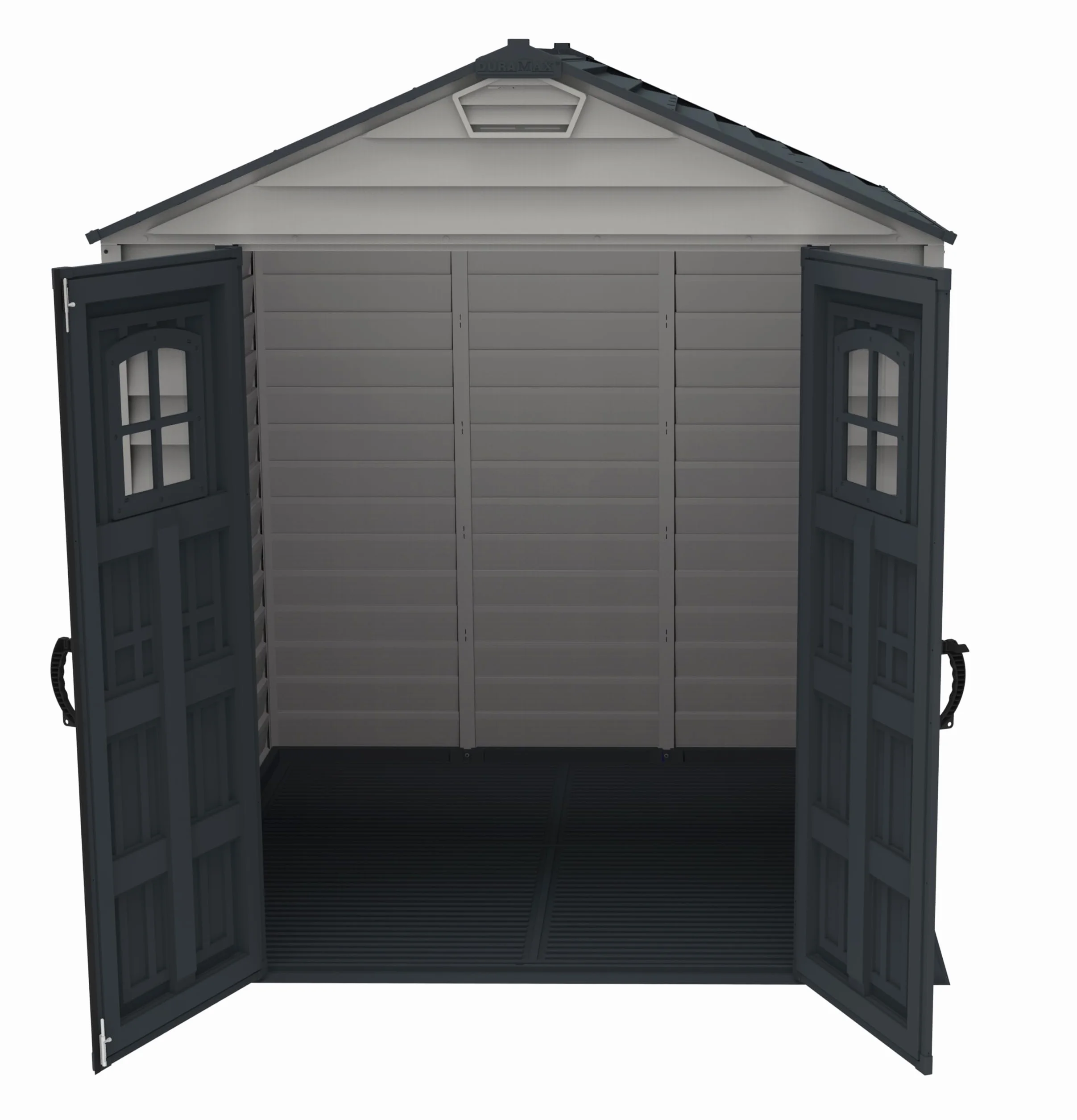 Duramax StoreMax Capanno da giardino in plastica, 7 x 7, con pavimento, e finestra fissa su porte, struttura in metallo resistente ignifugo e senza manutenzione, Grigio scuro/Adobe