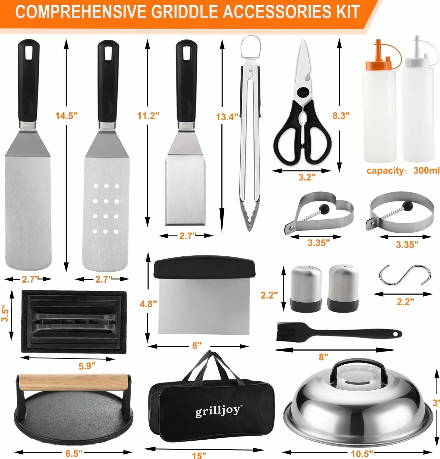 Grilljoy Set Barbecue Professionale in Acciaio Inox, Utensili per Griglia, Spatola per Piastre, Kit Smash Burger con Pressa per Hamburger in Ghisa, 28 Pezzi Accessori BBQ per Uomo