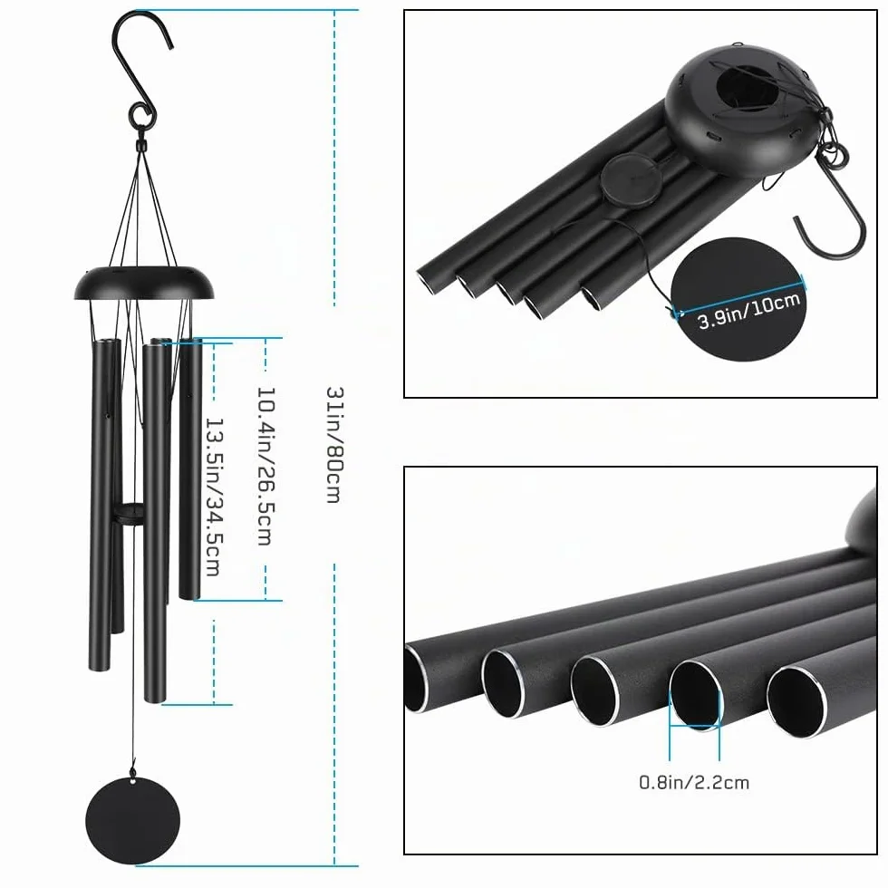 Victop campanelli eolici per esterni, campanelli eolici commemorativi da 80cm, 5 tubi cavi in alluminio, piacevole melodia, decorazioni classiche retrò (Nero)