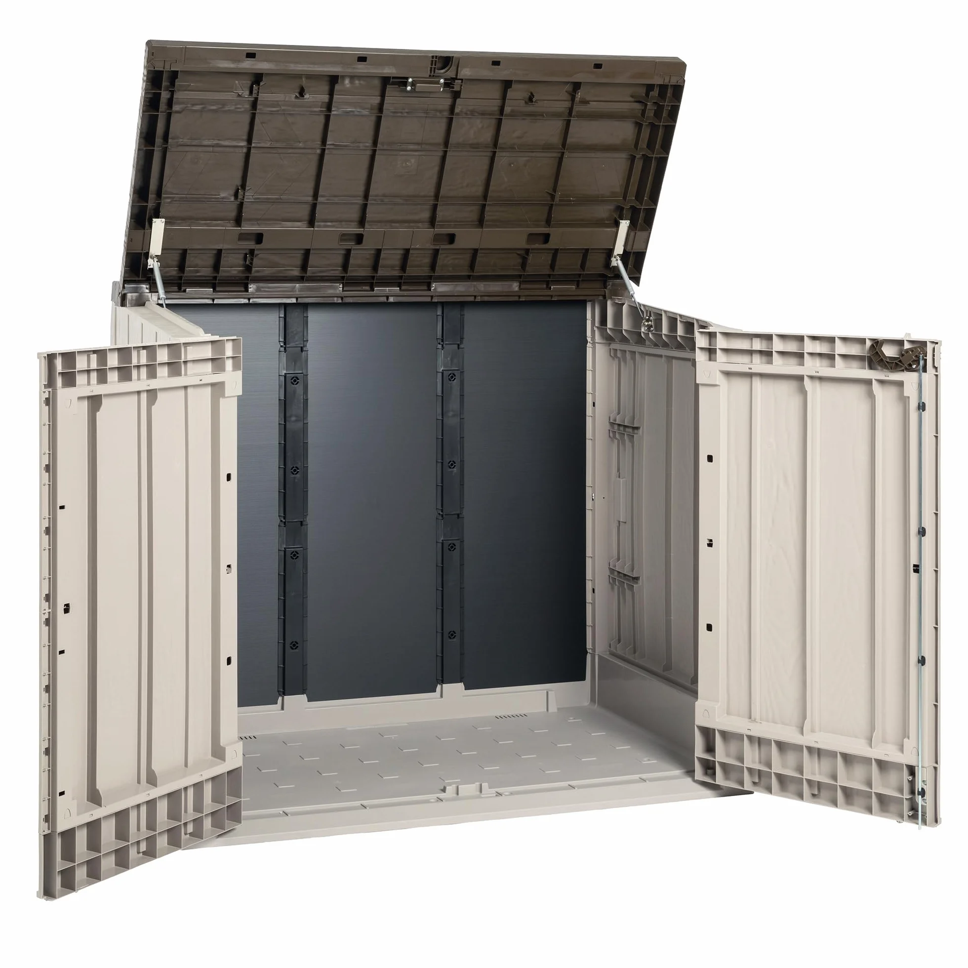 Toomax Storer Plus XL Baule da 1270L portattrezzi giardino, 145x85x124,5h cm effetto legno grigio talpa/marrone, porta bidoni spazzatura con coperchio assistito, resistente ai raggi UV, per esterni