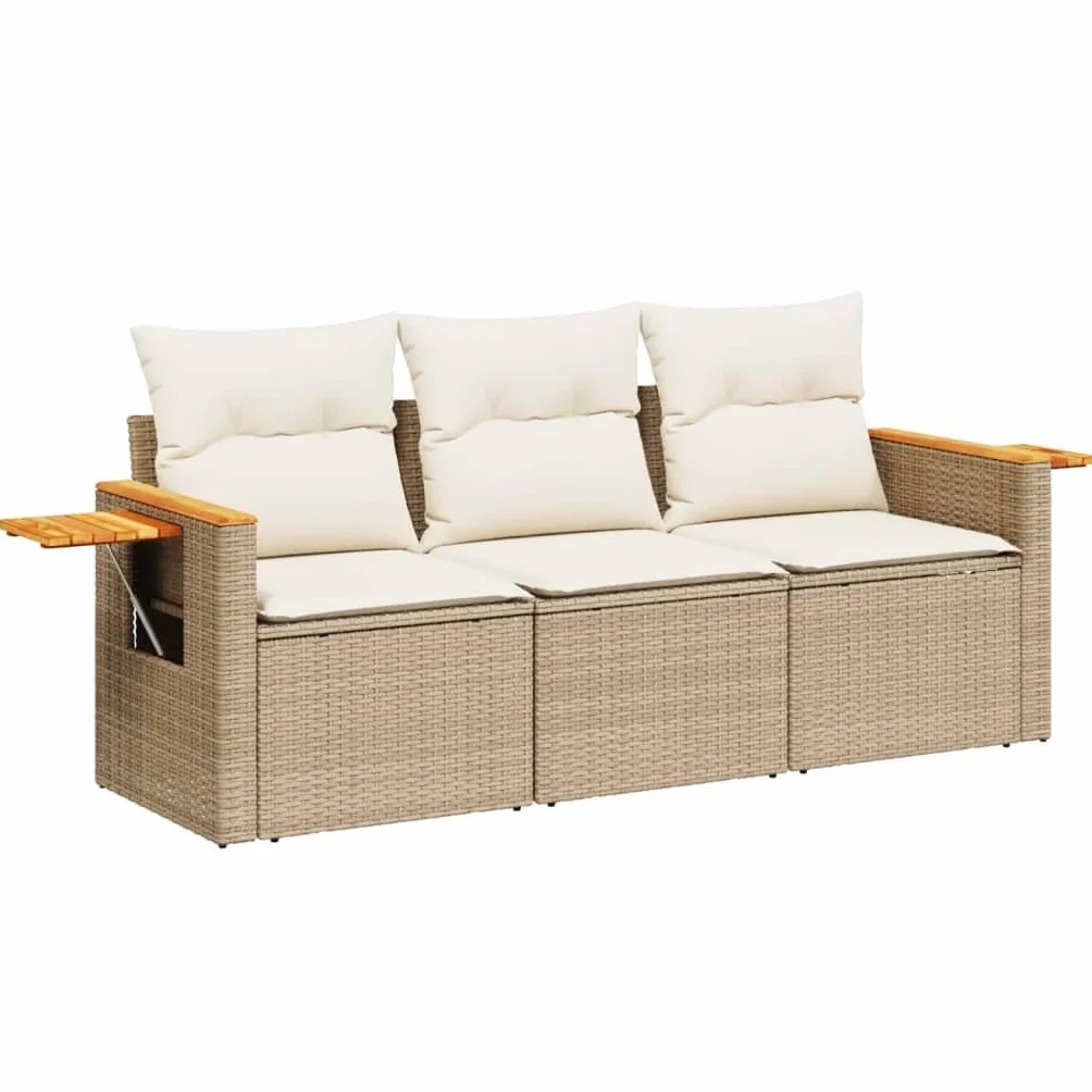IKAYAA Divanetto da Esterno 3 Posti con Contenitore Divano da Giardino in Polyrattan Salotto da Giardino in Polyrattan Set da arredo per Esterno con Cuscini-Beige e Panna-3 pz