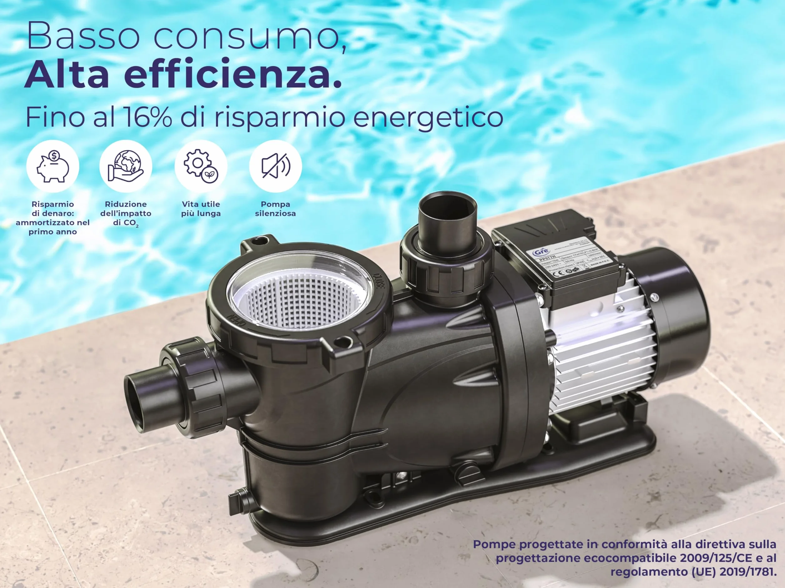 Gre PP102 - Pompa di filtrazione per piscina, 900 W, 20m3/h, fino a 100 m3, filtro 600 mm, conforme alla direttiva europea Eco-Design