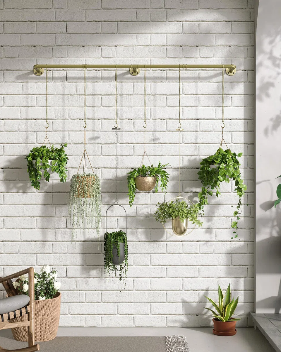 SOFITORG Appendiabiti per piante da interno, fioriere sospese per piante da interno con 6 catene sospese, asta per piante da parete per soffitto di finestre, 165 cm, metallo/oro..