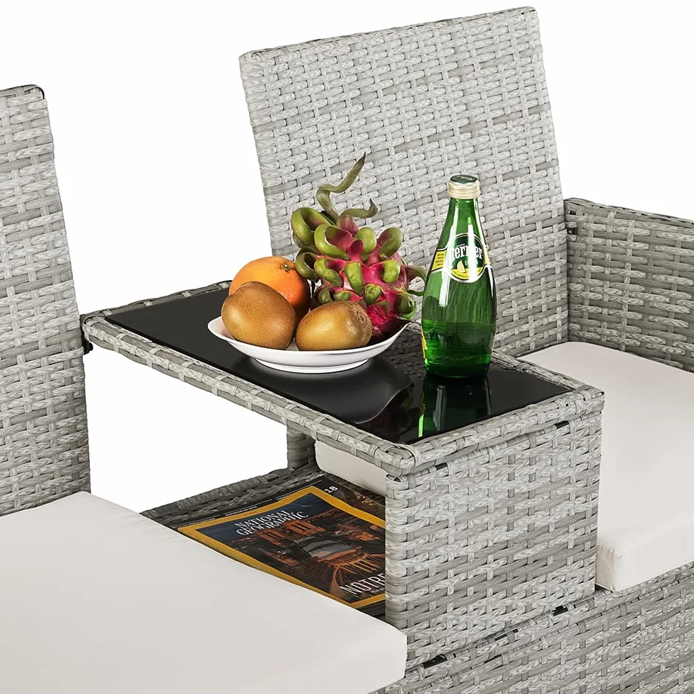 BAKAJI Panchina da Giardino in Polyrattan con Tavolo Integrato e Cuscini, Panchina 2 Posti da Esterno Resistente Ai Raggi UV e alle Intemperie, Panca Divano Ripiano Vetro 123 x 54 x 82.5 cm (Grigio)