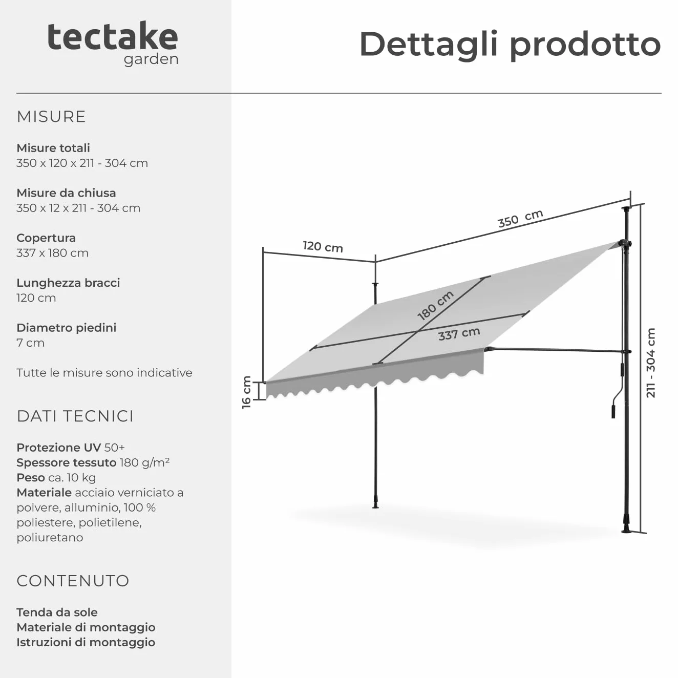 Tectake Tenda da Sole a Morsetto Regolabile 350x180cm Grigio Chiaro Impermeabile UV