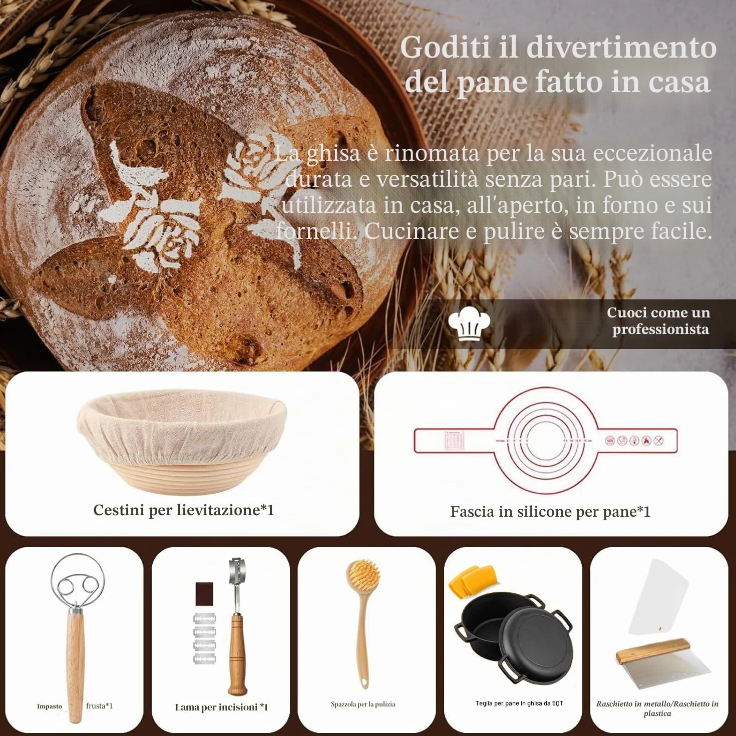 Forno olandese in ghisa da 5 qt (kit per lievito madre con cestello per lievitazione, lame e coperchio - ideale per cuocere il pane) (cucina familiare, friggere, brasare e barbecue)
