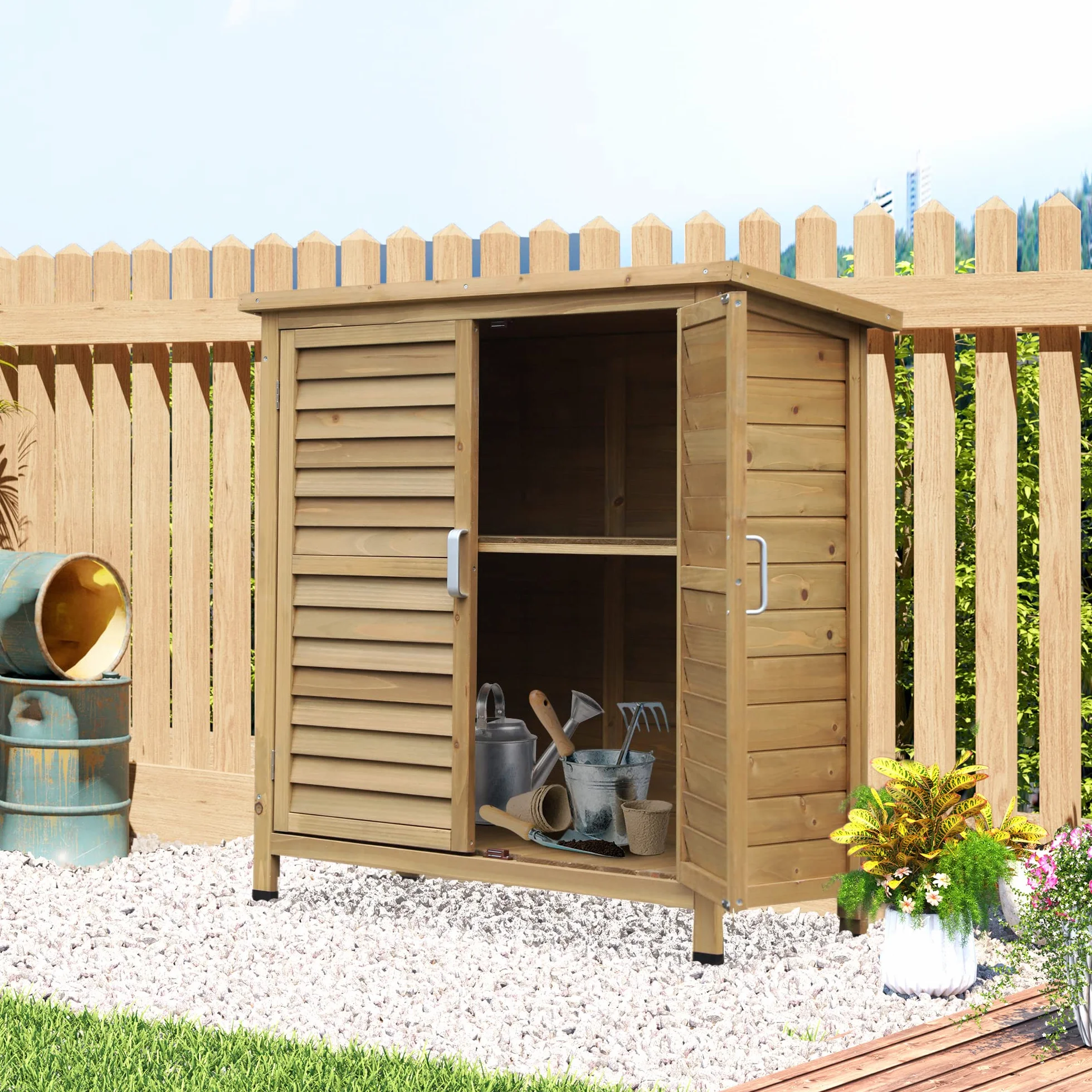 Outsunny Armadio da Esterno Casetta da Giardino Legno Abete Capanno Attrezzi Tetto Bitume Impermeabile 87x46.5x96.5cm