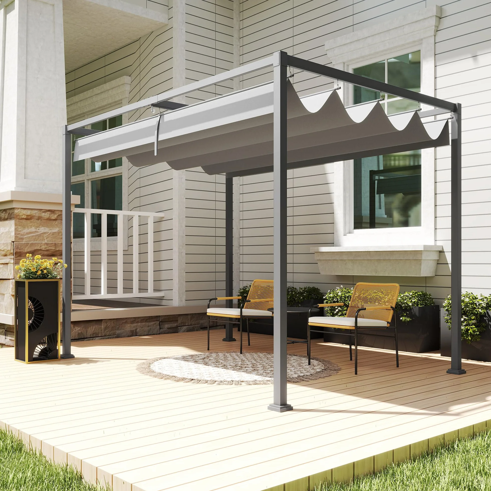Outsunny Gazebo Pergola 3x2 m con Tettuccio Retrattile, Drenaggio, Picchetti e Viti, Poliestere e Metallo, Grigio