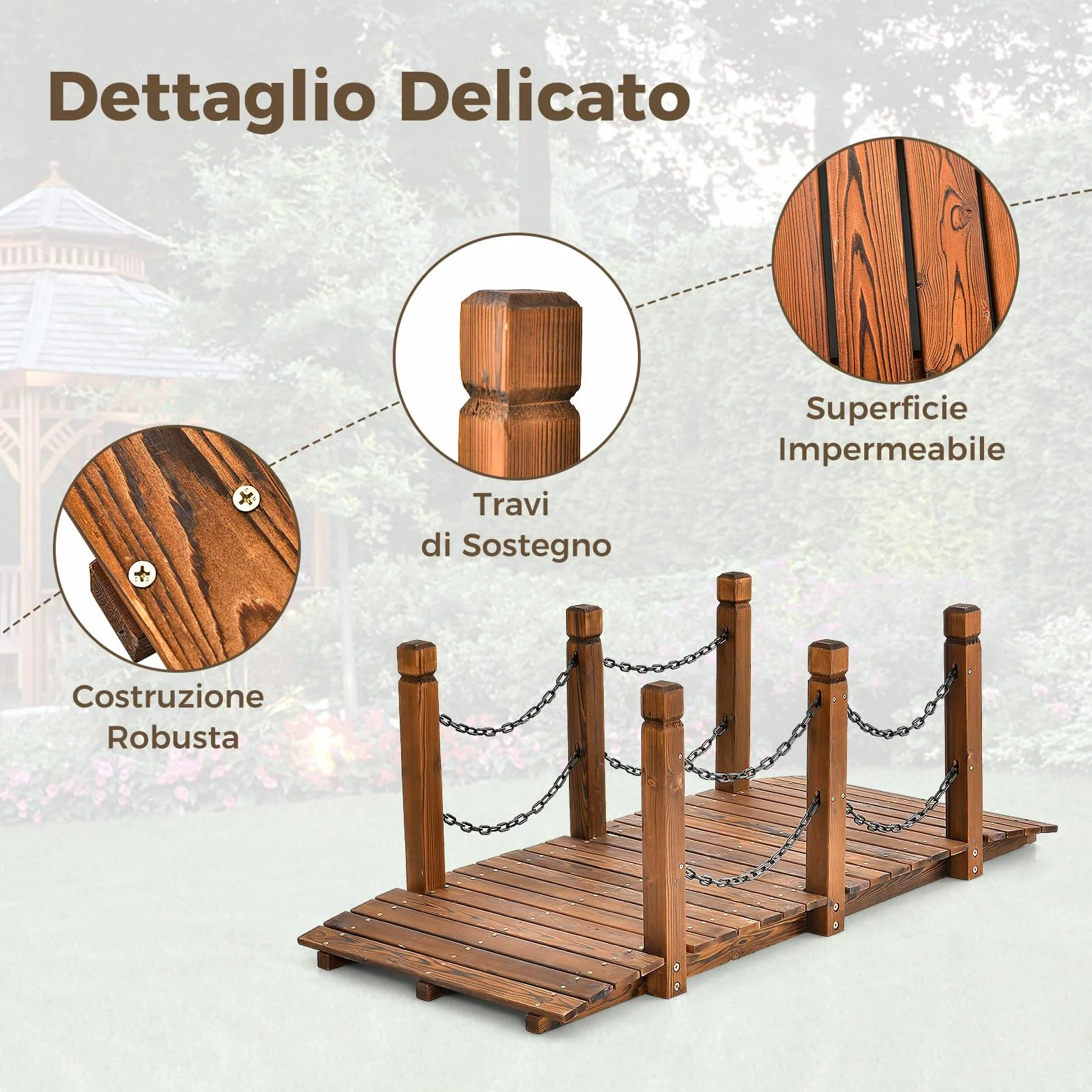 COSTWAY Ponte da Giardino in Legno, Ponte Decorativo con Finitura Tinta e Catena di Sicurezza, Ponte ad Arco in Legno per Giardino, Patio, Cortile e Fattoria, Carico 80 kg