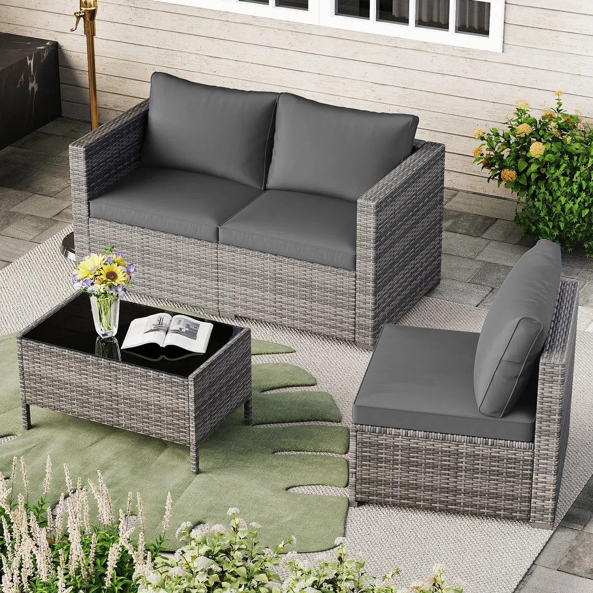 GIANTEX Divano da Giardino a 3 Posti in Rattan con Cuscino Imbottito, Mobili per Terrazza e Balcone, Colore Beige/Grigio, 193 x 67 x 61,5 cm (Grigio)