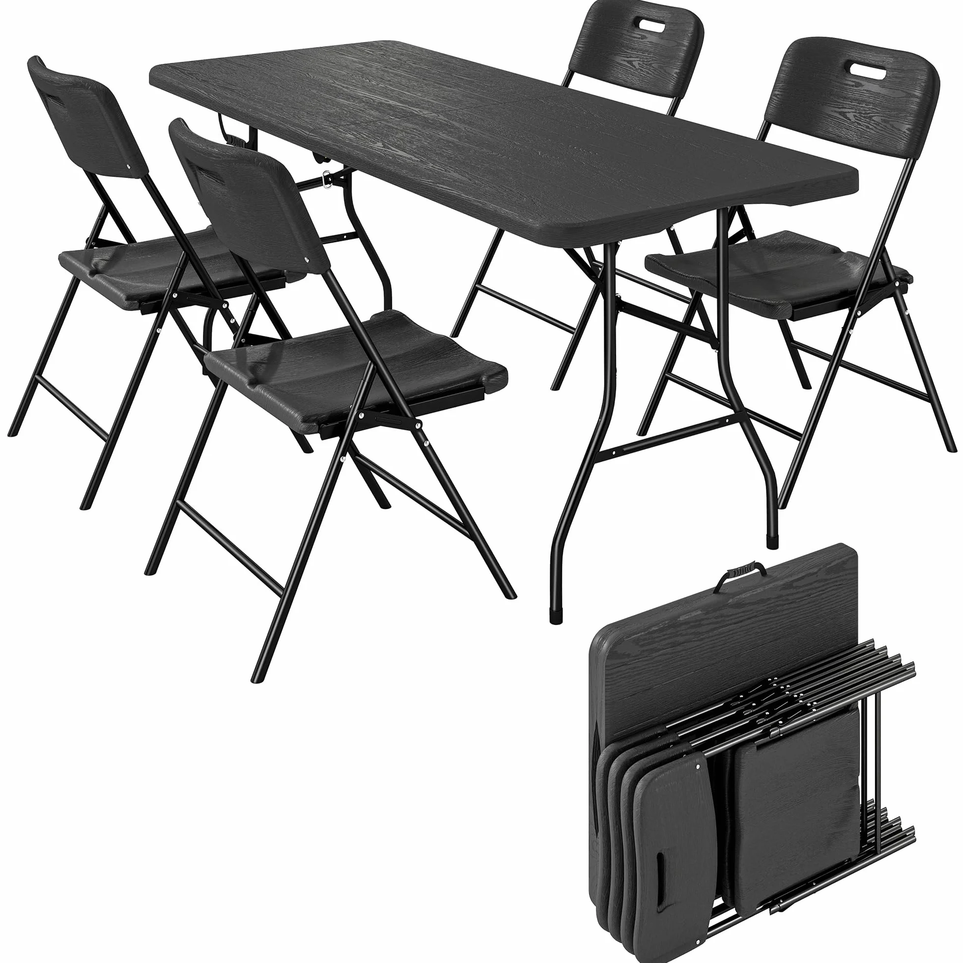Outsunny Set Tavolo da Campeggio Pieghevole con 4 Sedie, HDPE Metall, Portatile per Picnic Esterno Giardino Nero