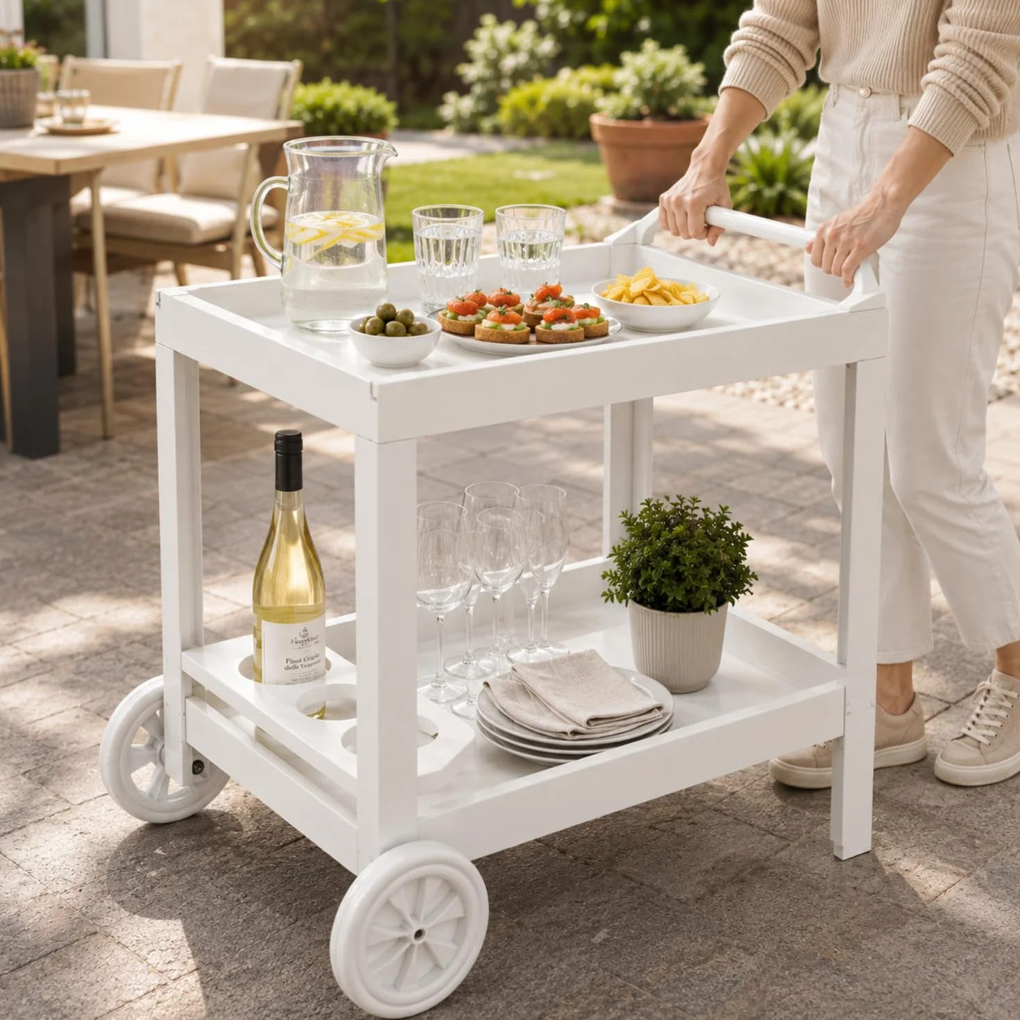 PALUPLUS Carrello Portavivande Esterno Bianco 53x74x73 cm 2 Ripiani Portabottiglie 5 Posti Made Italy