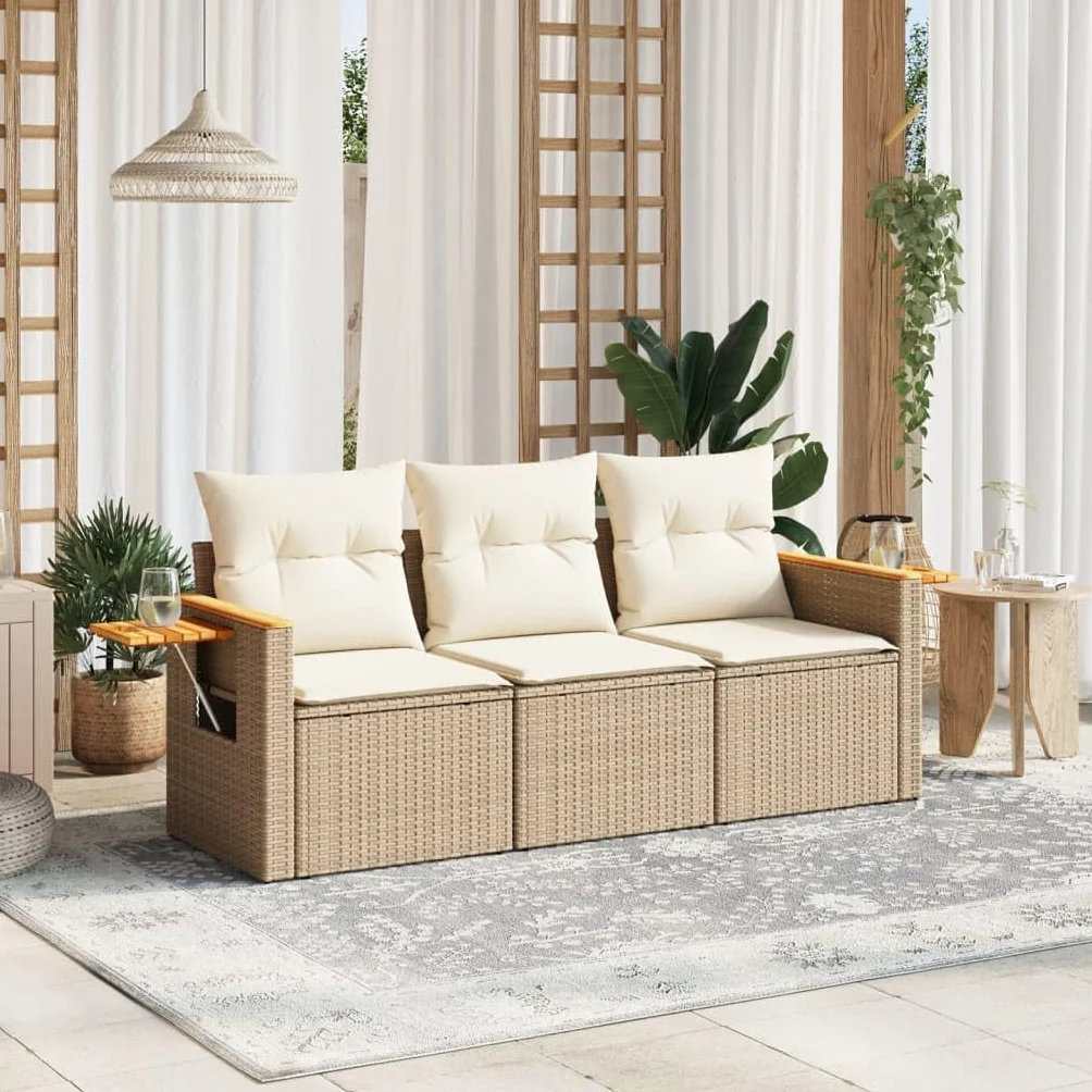 IKAYAA Divanetto da Esterno 3 Posti con Contenitore Divano da Giardino in Polyrattan Salotto da Giardino in Polyrattan Set da arredo per Esterno con Cuscini-Beige e Panna-3 pz
