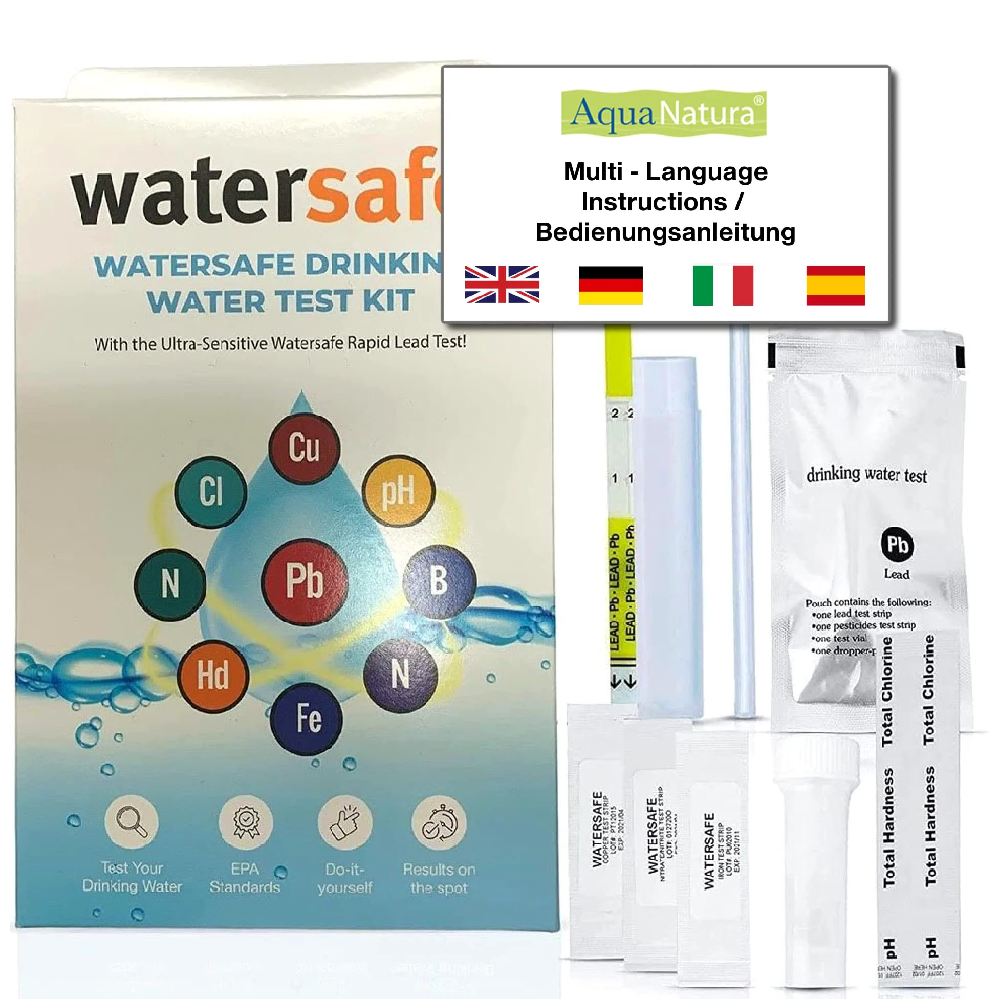 Test per acqua potabile (10 diversi modelli). Test in 1) con istruzioni in lingua tedesca/inglese.