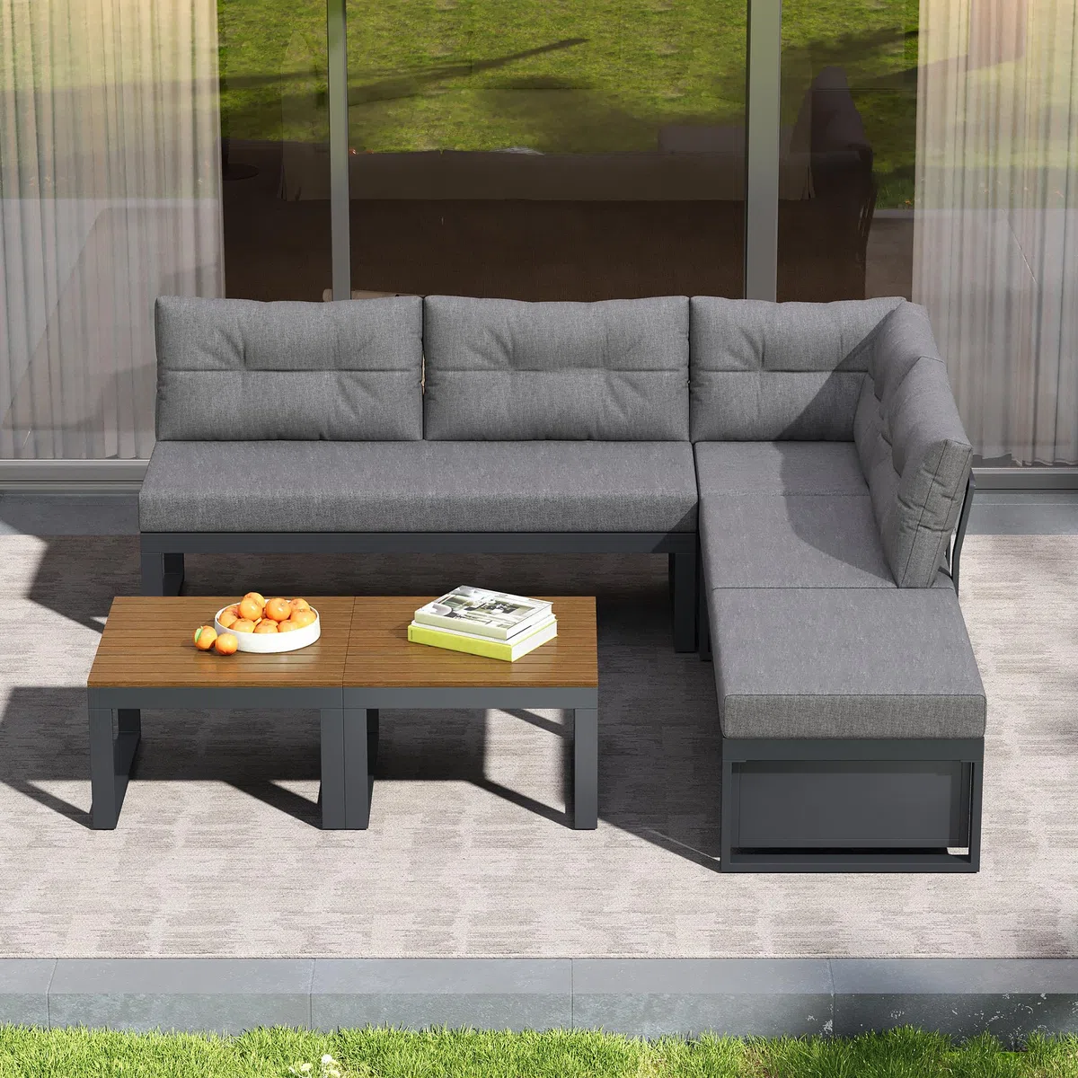 Set di mobili da giardino,Divano da giardino da esterno con schienale regolabile su 3 livelli,Divano con spazio di archiviazione e funzione di inclinazione,Adatto per terrazzi e giardini,Grigio