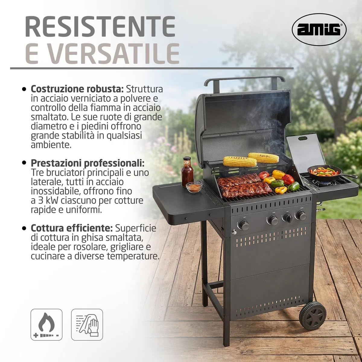 Amig Barbecue a gas IGNIS 3+1 117x55x110 cm Superficie cottura 54x38 cm Griglia ghisa Nero