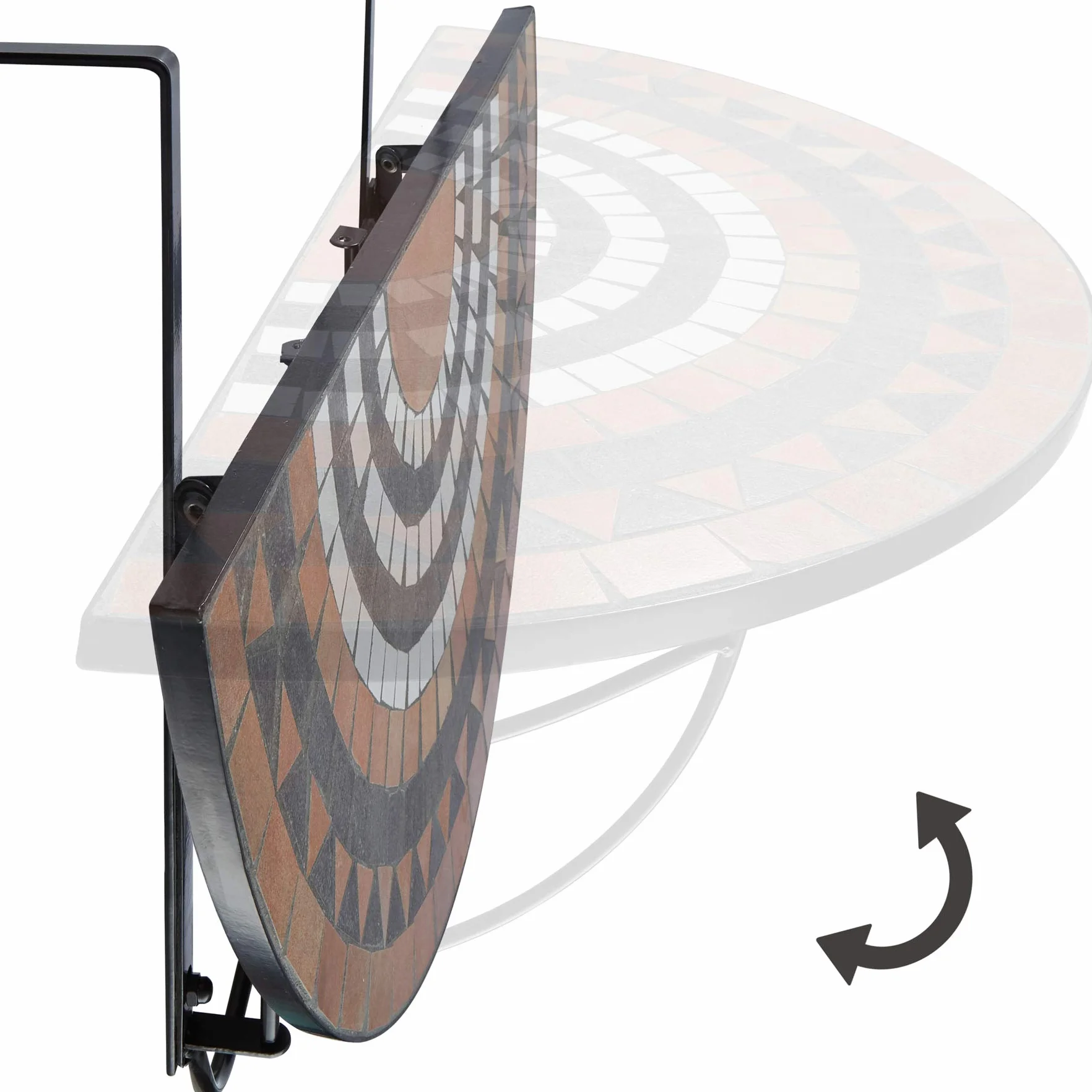 Tectake Tavolo da Balcone 75x65x62cm Mosaico di Pietra Ganci metallo Design Semicircolare Terracotta Bianco