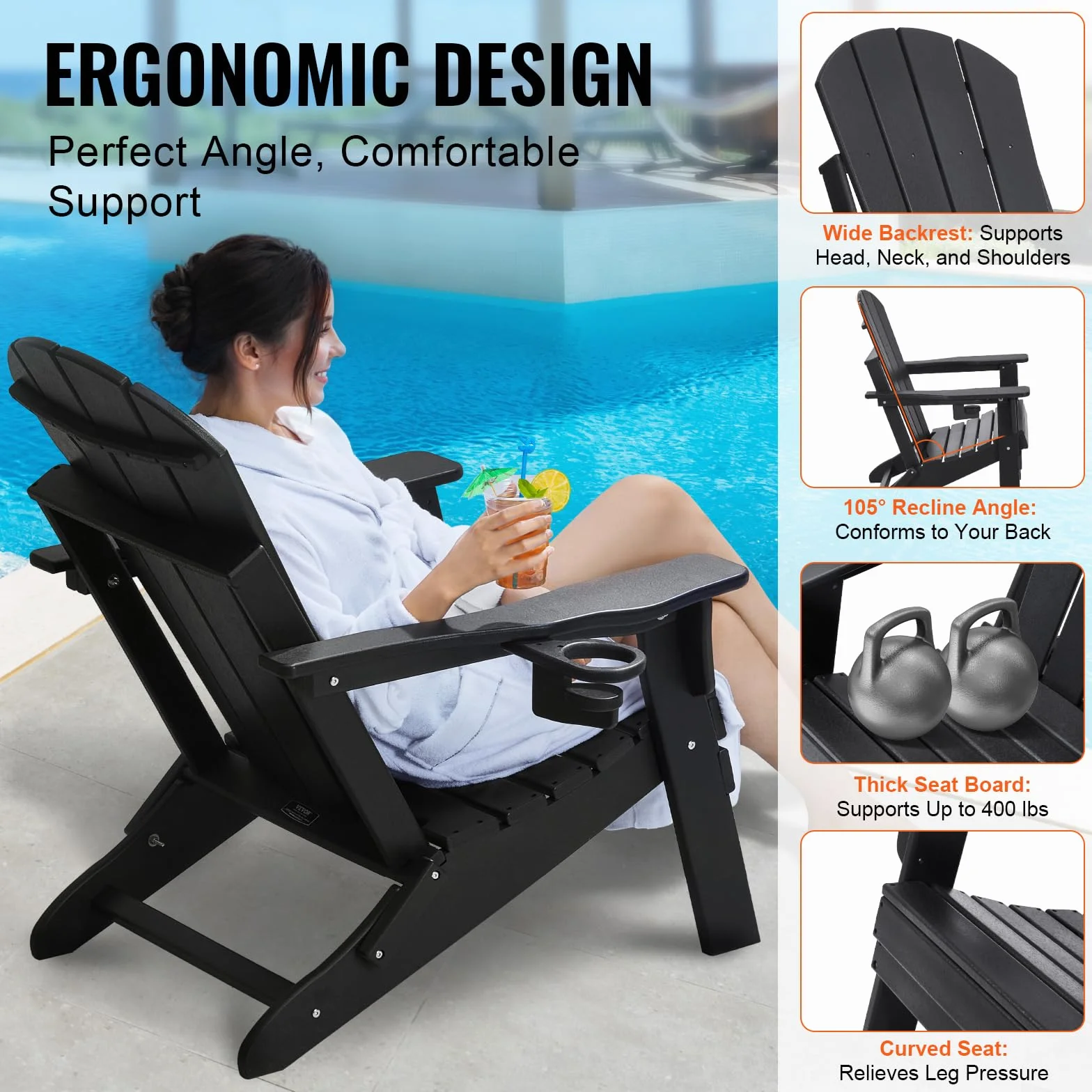 VEVOR Sedie Adirondack in Plastica Set di 2, Sedie da Esterno Pieghevoli Portatili Resistenti alle Intemperie per Patio con Portabicchieri, Bracciolo Rilassante Ergonomico, per Giardino Cortile, Nero