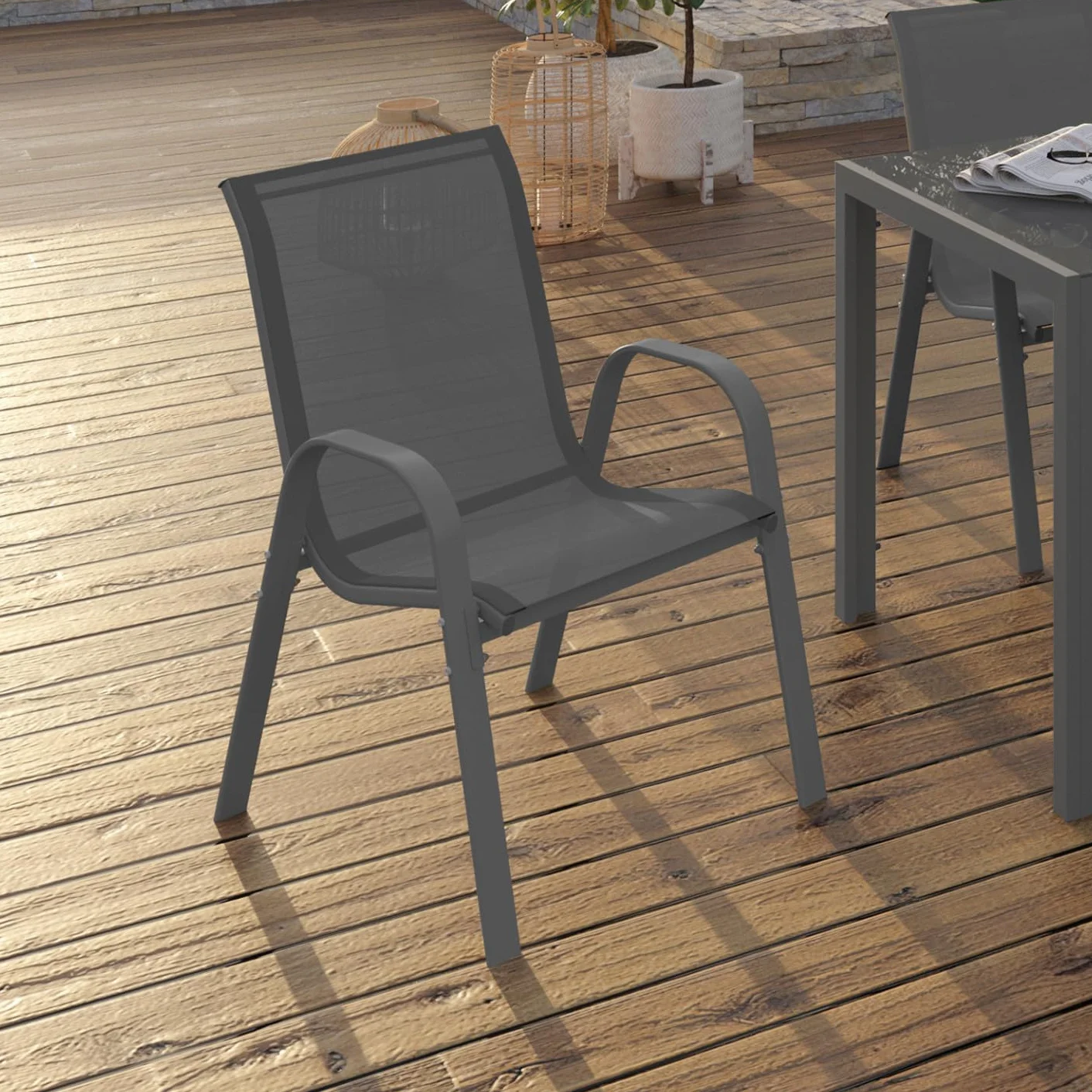 Set di 6 sedie impilabili in metallo e textilene grigio antracite LYMA
