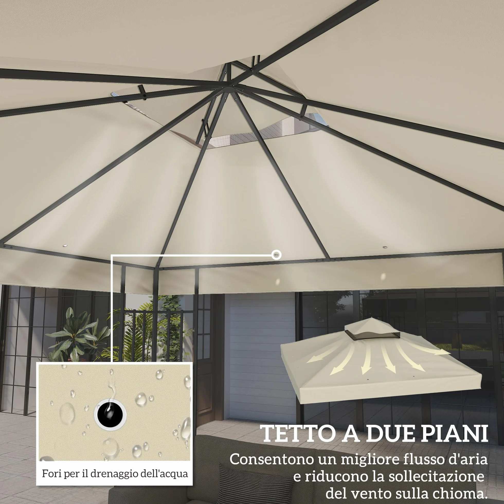 Outsunny Tetto di Ricambio per Gazebo 3x3 m 2 Livelli, Telo Copertura Resistente all'Acqua in Tessuto Oxford 370g/㎡ Anti-UV 30+ con Fori di Drenaggio, Crema