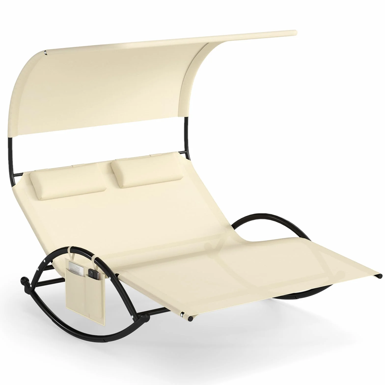 COSTWAY Lettino Prendisole a 2 Posti, Lettino in Tessuto Textilene, con 2 Poggiatesta Staccabili, Sedia a Dondolo da Giardino con Struttura Metallica, Lettino con Tettuccio Portata 300 kg (Beige)