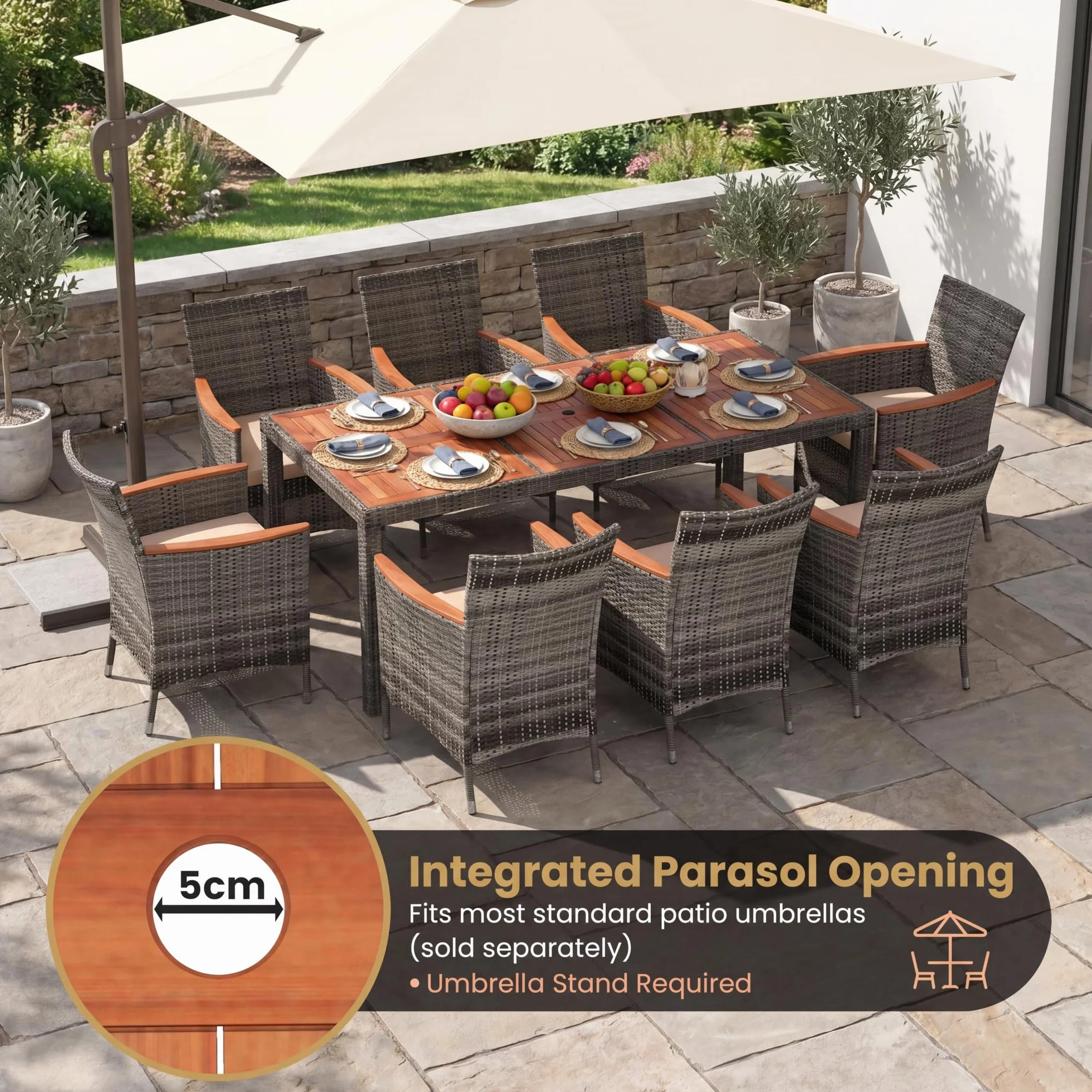 GIANTEX Set di mobili da giardino 9 pezzi, tavolo e sedie in rattan, grigio
