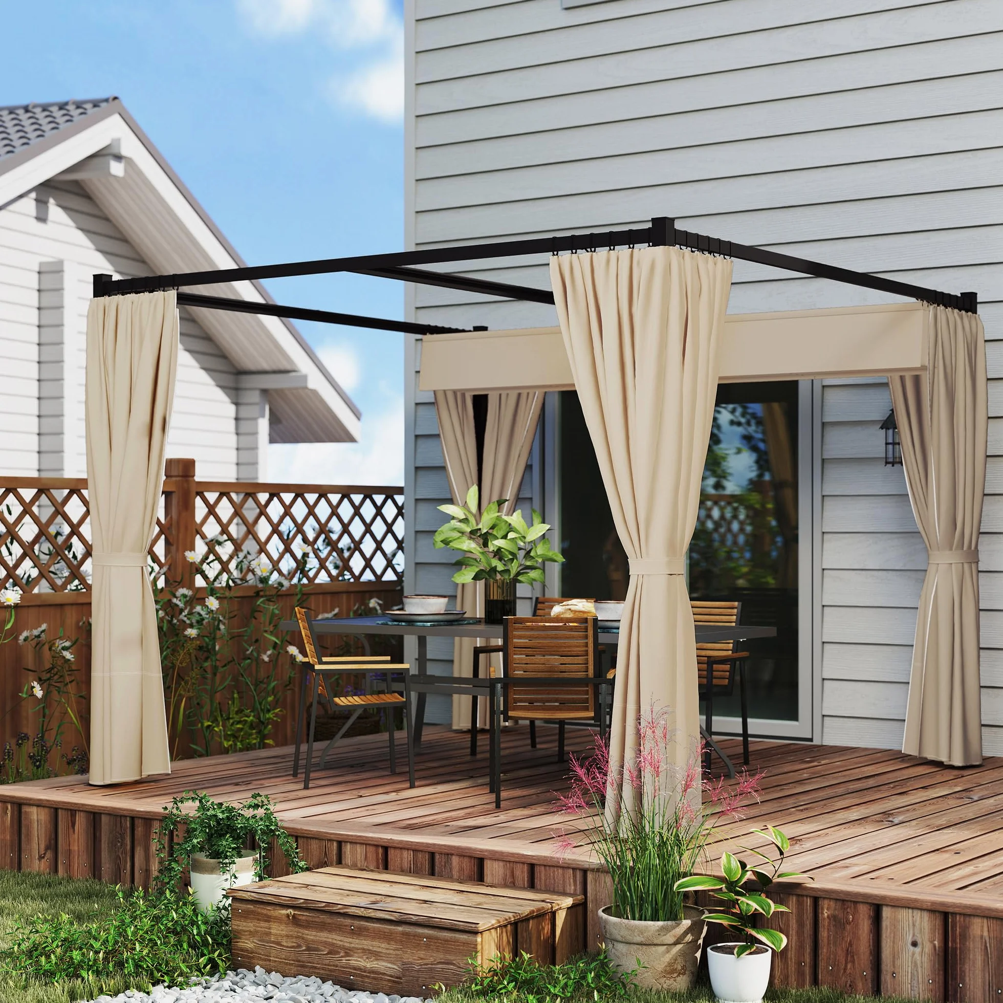 Outsunny Gazebo Pergola 3x3 m con Pareti Laterali e Tetto Retrattile, Metallo e Poliestere 180g/㎡, Beige