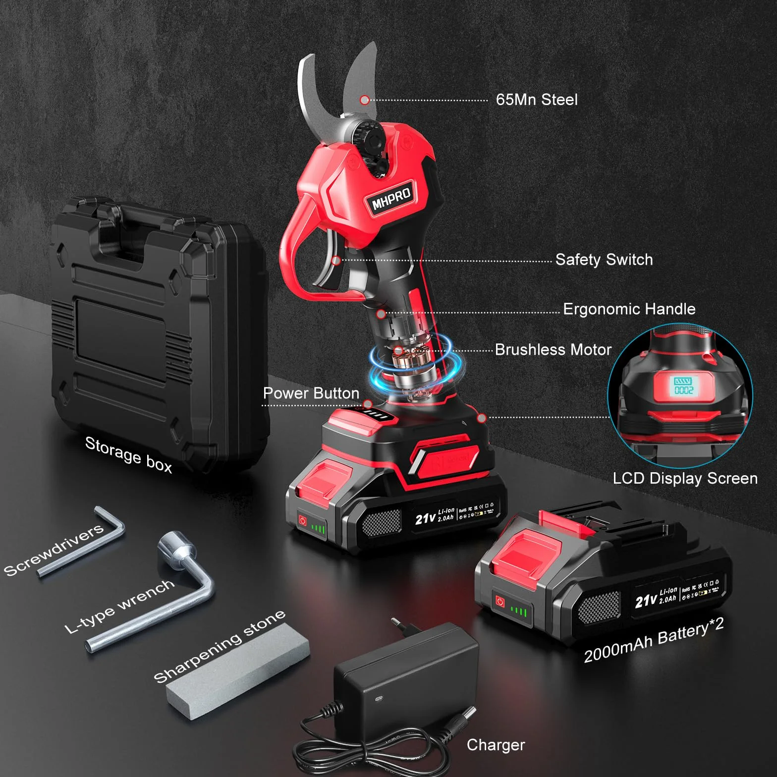 MHPRO Forbici Potatura a Batteria Brushless, Forbice Elettrica per Potatura 600W Con 2×Batterie 21V 2000mAh, Schermo LCD, per Frutteti, Paesaggistica e Giardinaggio Professionale,Rosso