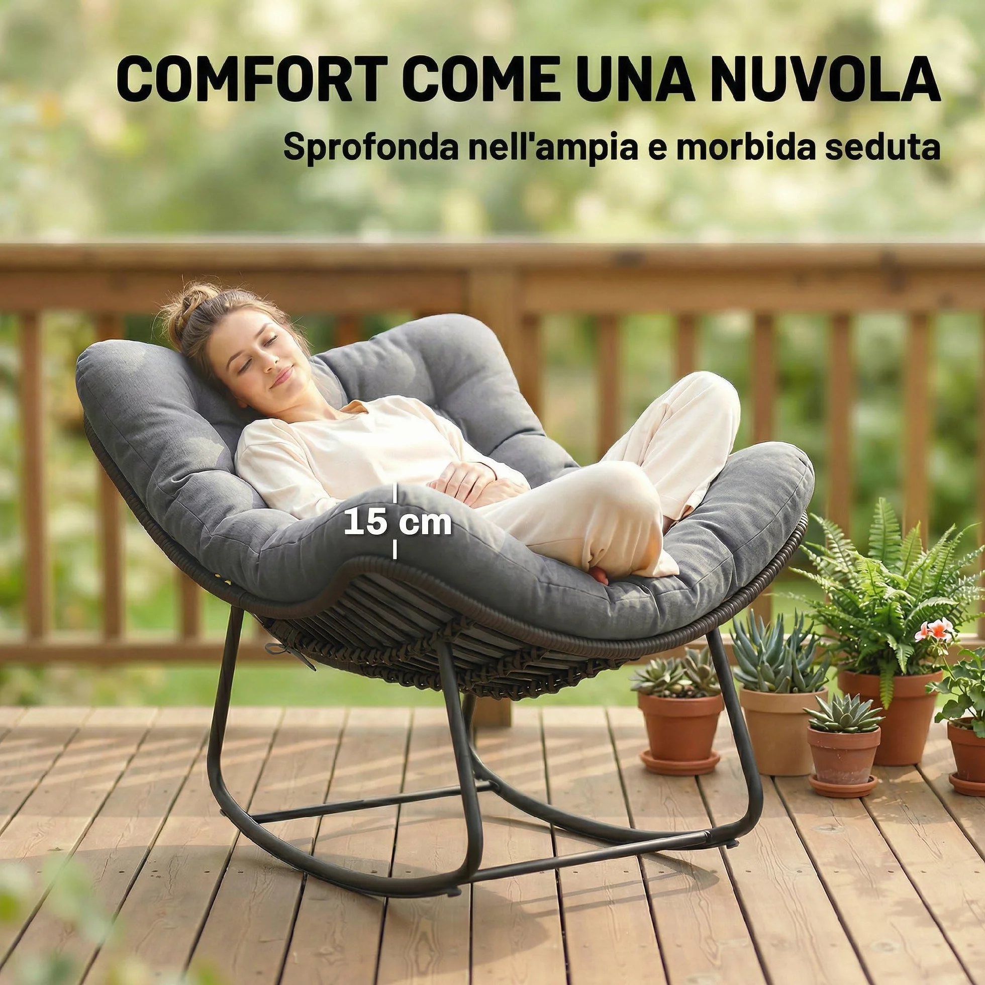 Outsunny Sedia a Dondolo in Rattan Oversize con Cuscino, Struttura Metallo Zincato, Max 120 kg, Grigio Scuro