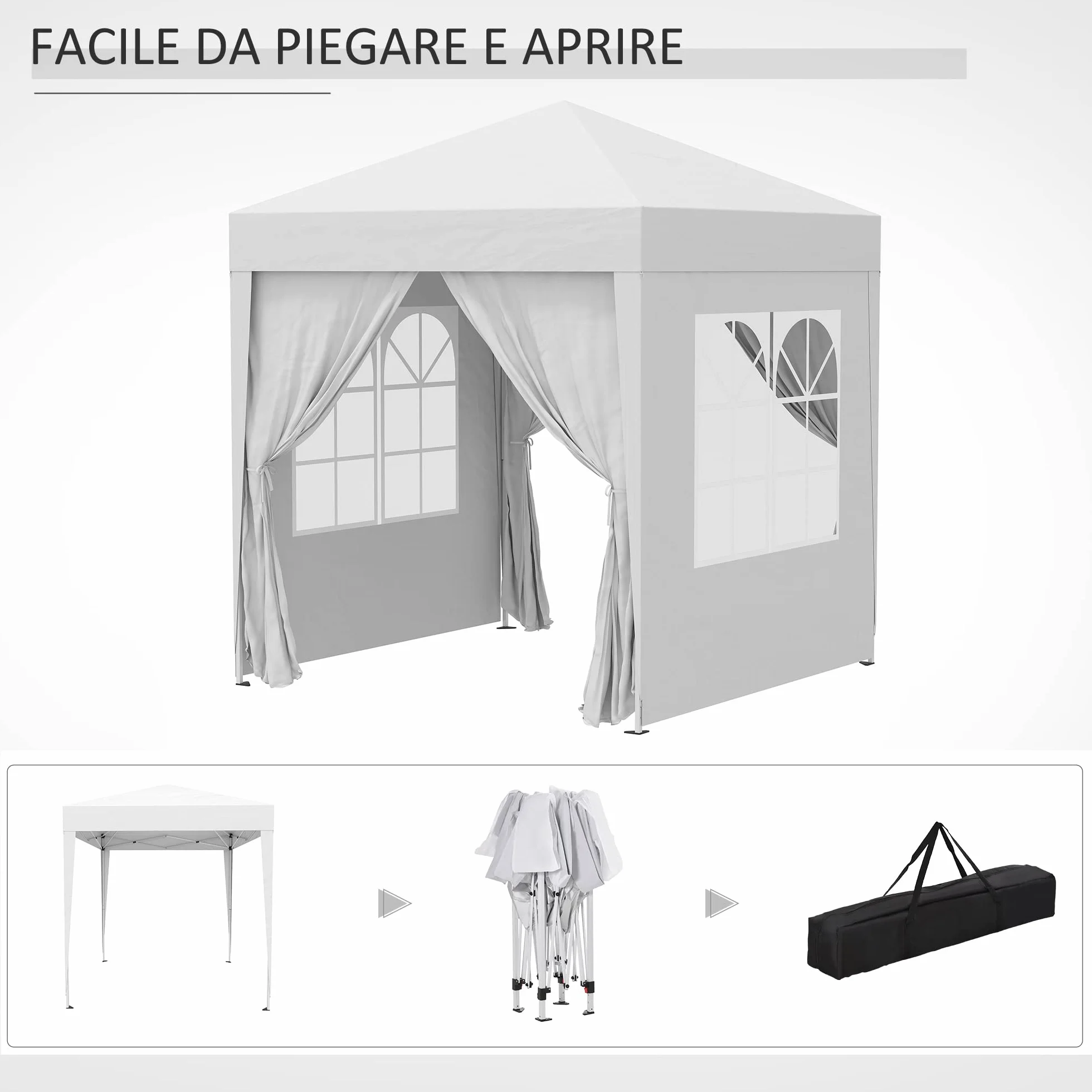 Outsunny Gazebo 2x2 m Pop-up Impermeabile Pareti Rimovibili Pieghevole Metallo Poliestere Borsa Trasporto Bianco
