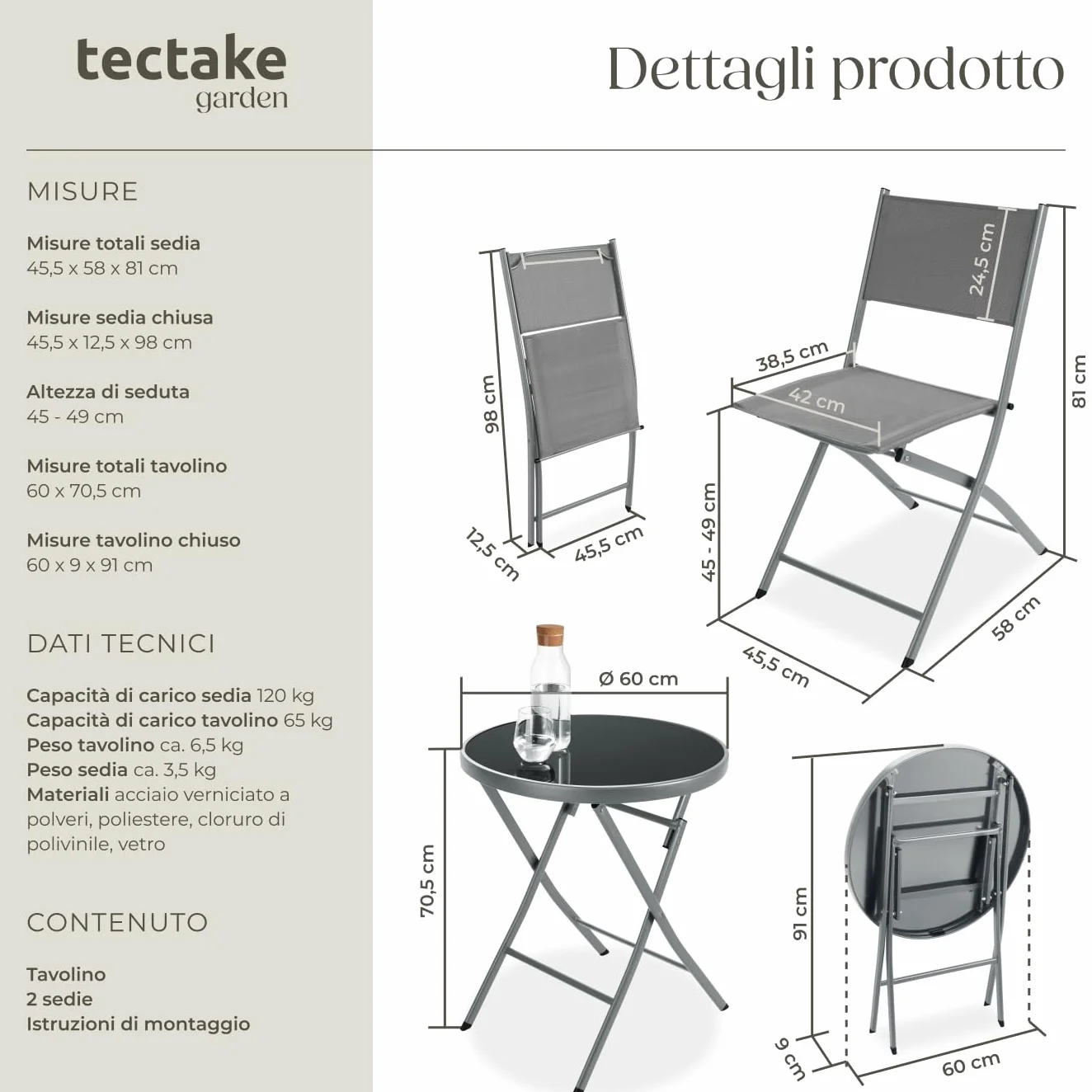 Set da Balcone Düsseldorf Tavolino Salotto con Piano in Vetro e 2 Sedie Mobili da Giardino con Telaio in Acciaio Richiudibile Trasportabile Design Moderno Grigio