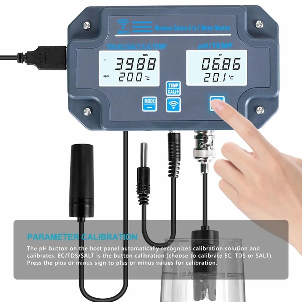 Tester digitale di qualità dell'acqua, montaggio a parete, analizzatore dell'acqua 6 in 1, PH/EC/TDS/SALT/S.G./temperatura, monitoraggio remoto APP, notifica di allarme per acqua potabile,