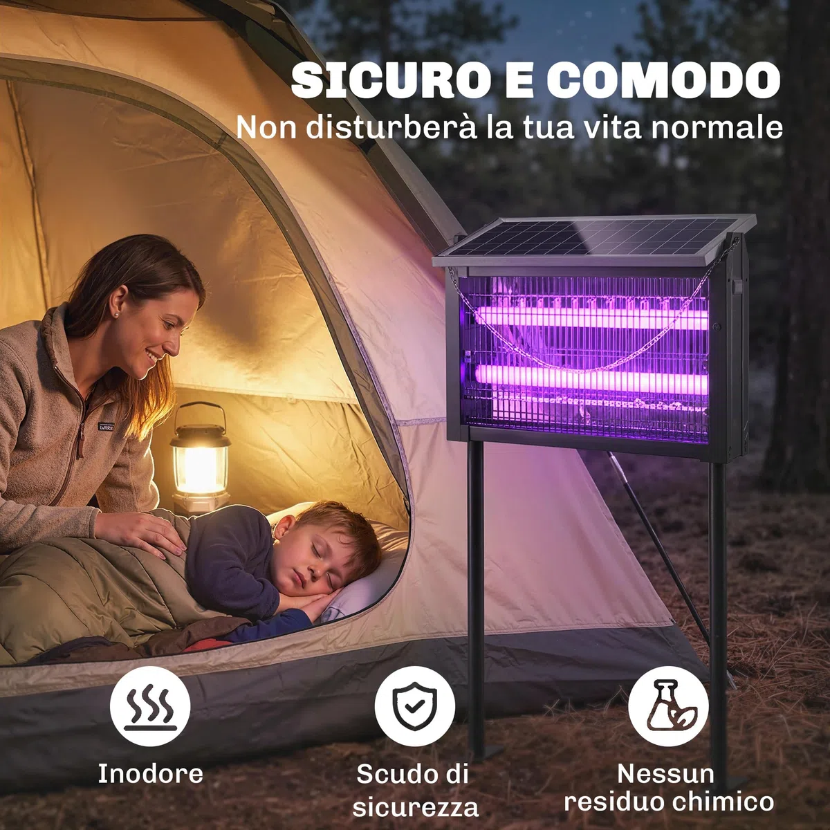 Outsunny Lampada Antizanzare da Esterno, Zanzariera a Energia Solare, Ricarica USB Interna, Luce Anti Insetti Elettroinsetticida con Rete di Protezione, 45x18x90 cm, Nero