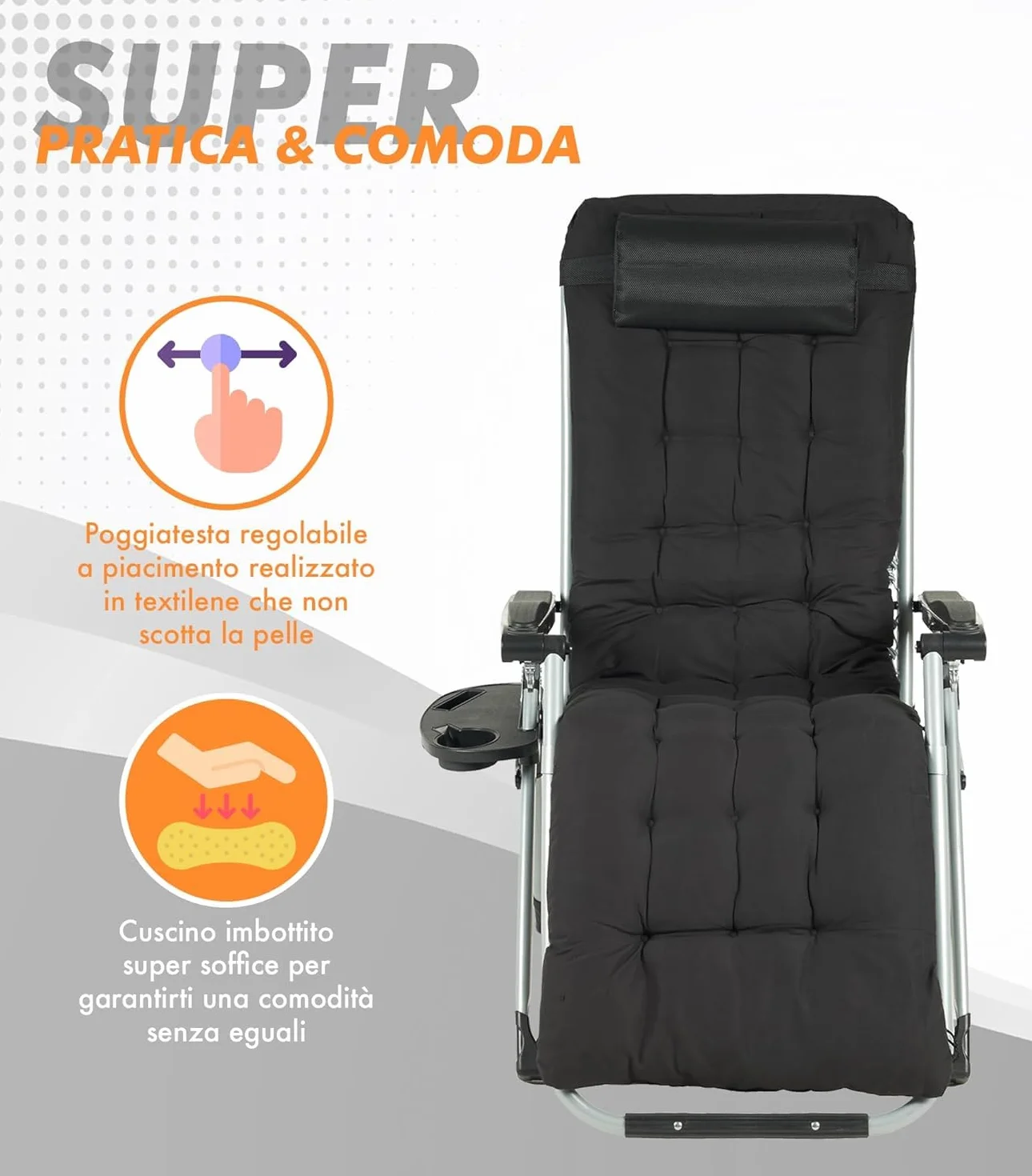 IlGruppone Sedia Sdraio 0 gravità Reclinabile Giardino Poltrona Pieghevole Relax Prendisole Lettino Cuscino Imbottito Portabicchiere Patio Campeggio Spiaggia con Poggiatesta Regolabile - Nera