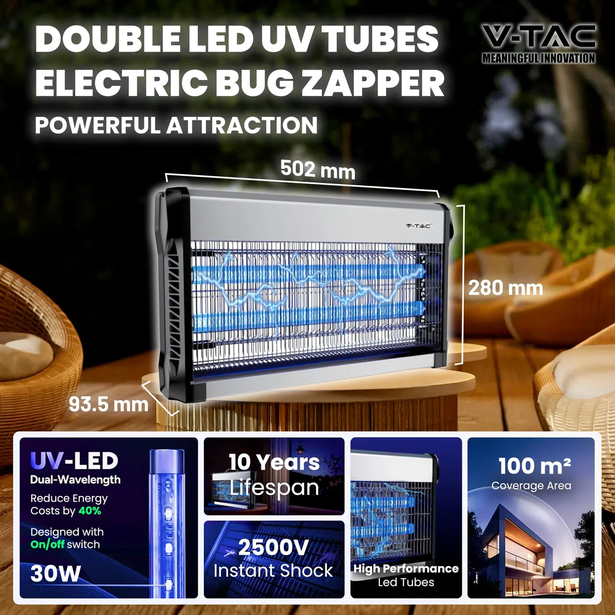 V-TAC Zanzariera Elettrica Potente - 30W con Area di Azione 100 m² - Design Sottile - Zanzariera con Luce Blu UV per Uso Interno ed Esterno - Trappola Elettrica contro Zanzare e Insetti - Potenza 30W