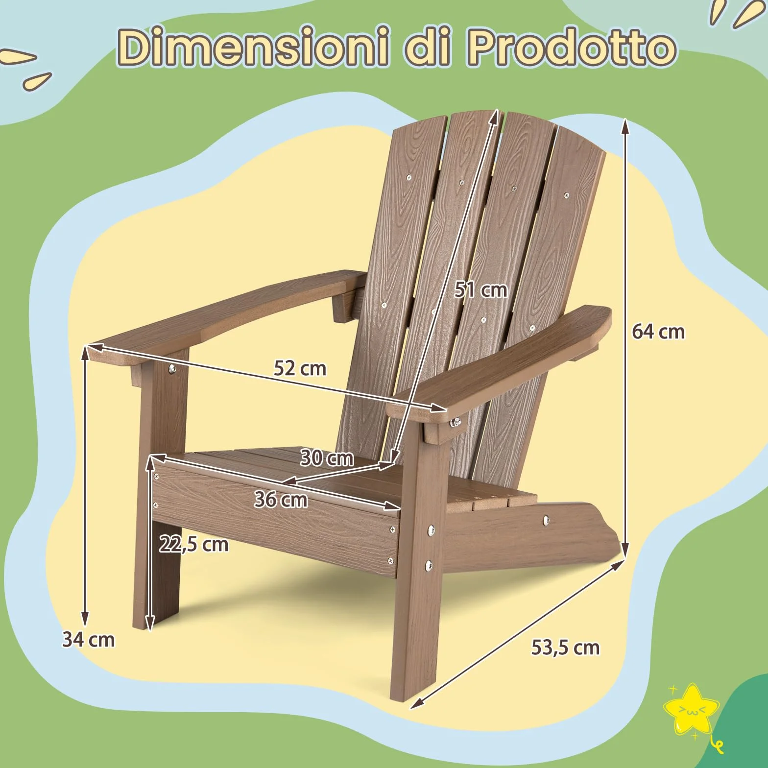 COSTWAY Sedia Adirondack per Bambini, Poltrona da Giardino in Plastica Resistente alle Intemperie con Schienale a Doghe Inclinato, Sedia Adirondack per Patio e Balcone, Portata 75 kg (Marrone)