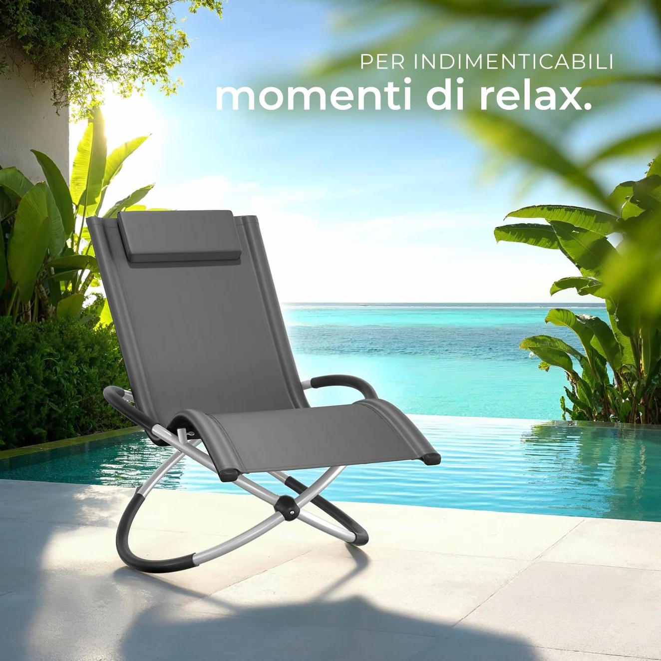 Lettino Giardino Ergonomico Pieghevole Con Cuscino Portata 150kg Anti-Ribaltamento Grigio