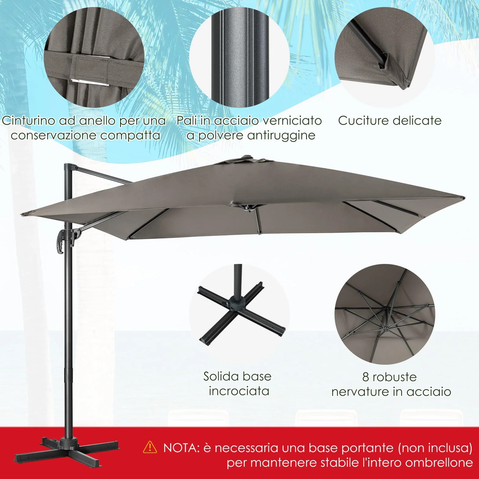 COSTWAY Ombrellone da Giardino 300x300cm 3 Inclinazioni Rotazione 360° Manovella 8 Stecche Base Incrociata Grigio