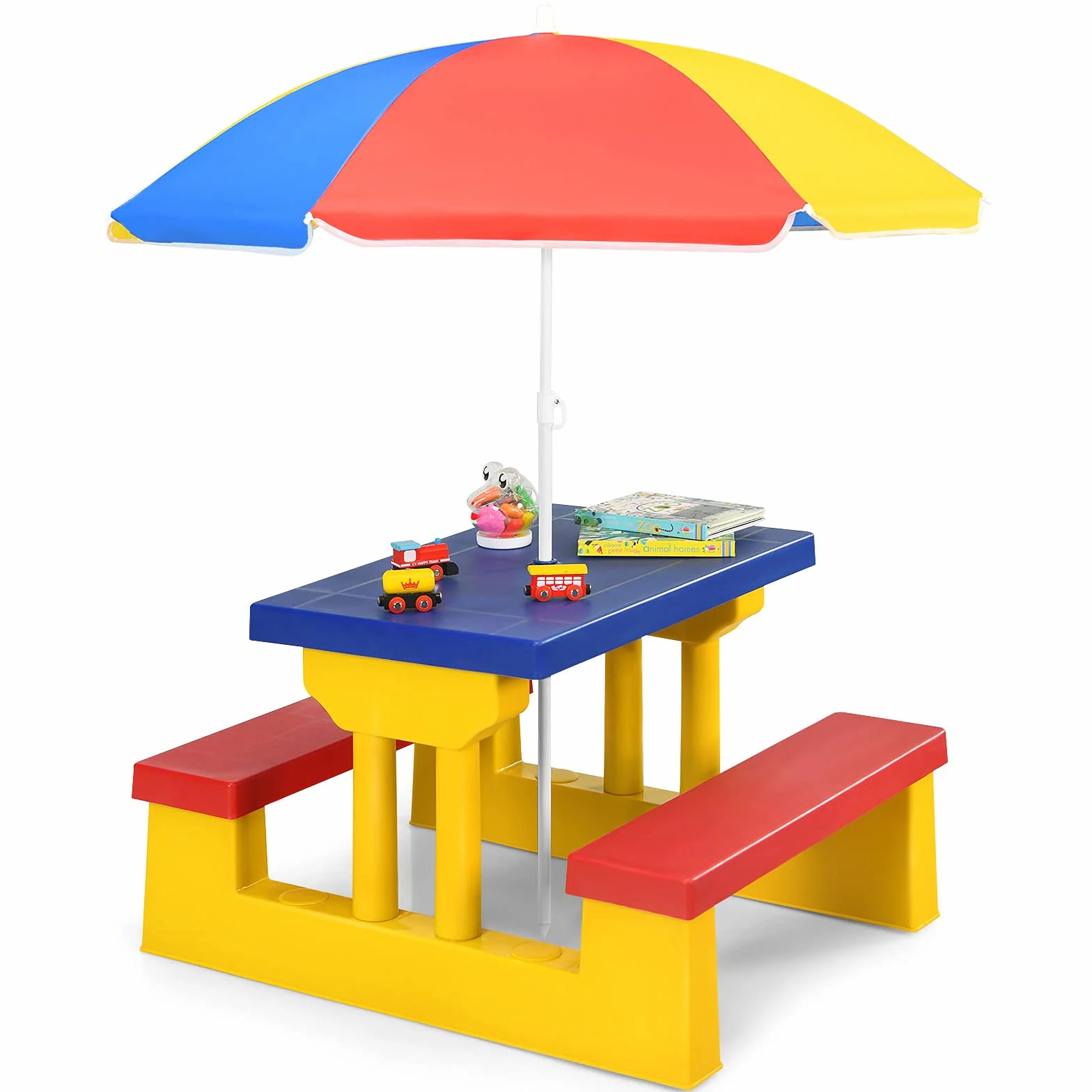 GIANTEX Tavolo da Picnic per Bambini con Parasole Pieghevole Giallo Rosso Blu