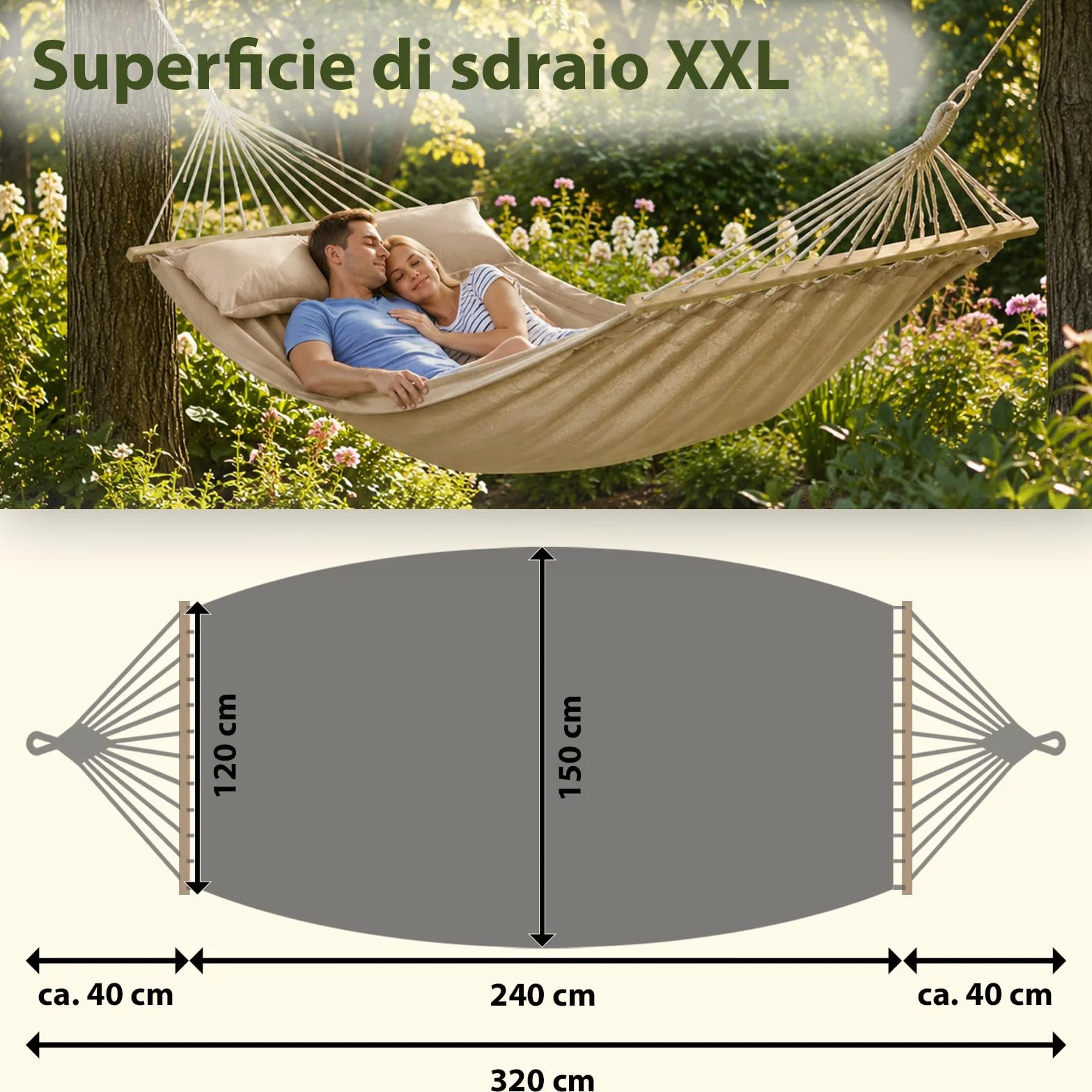 BB Sport Amaca Doppia 240x150 cm 300 kg 2 Persone Giardino