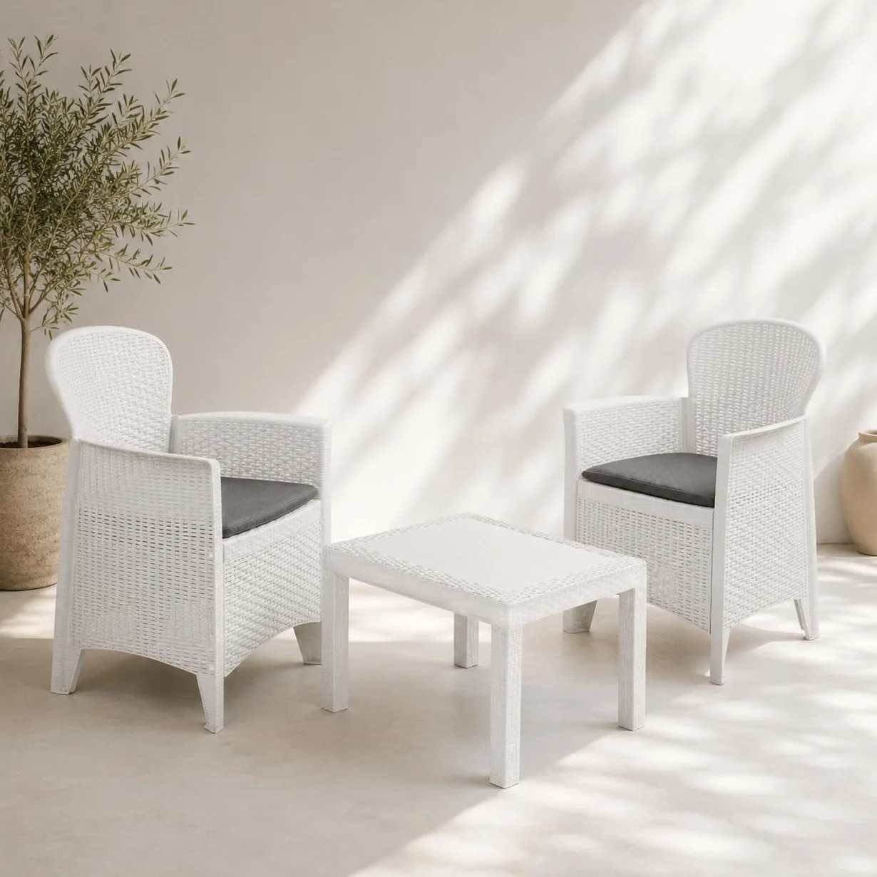 Salottino da Esterno 2 Posti Set da Giardino con Cuscini e Tavolino, Lounge Resistente alle Intemperie, Effetto Rattan Bianco 3 Pezzi