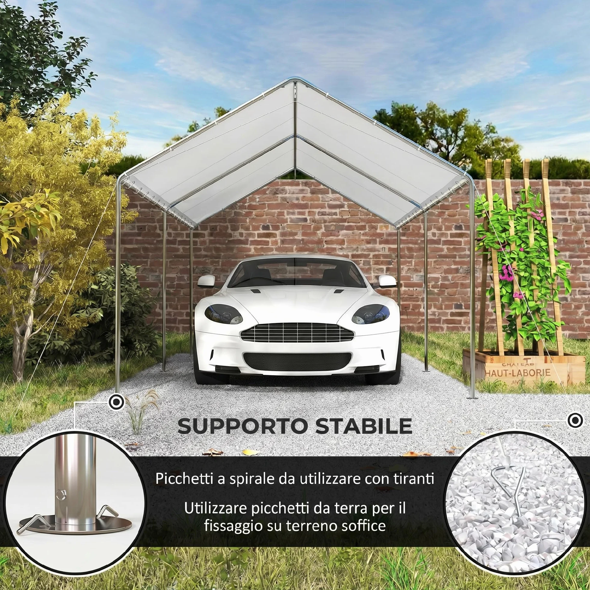 Outsunny Gazebo Copertura per Auto 6x3m Acciaio Zincato Bianco