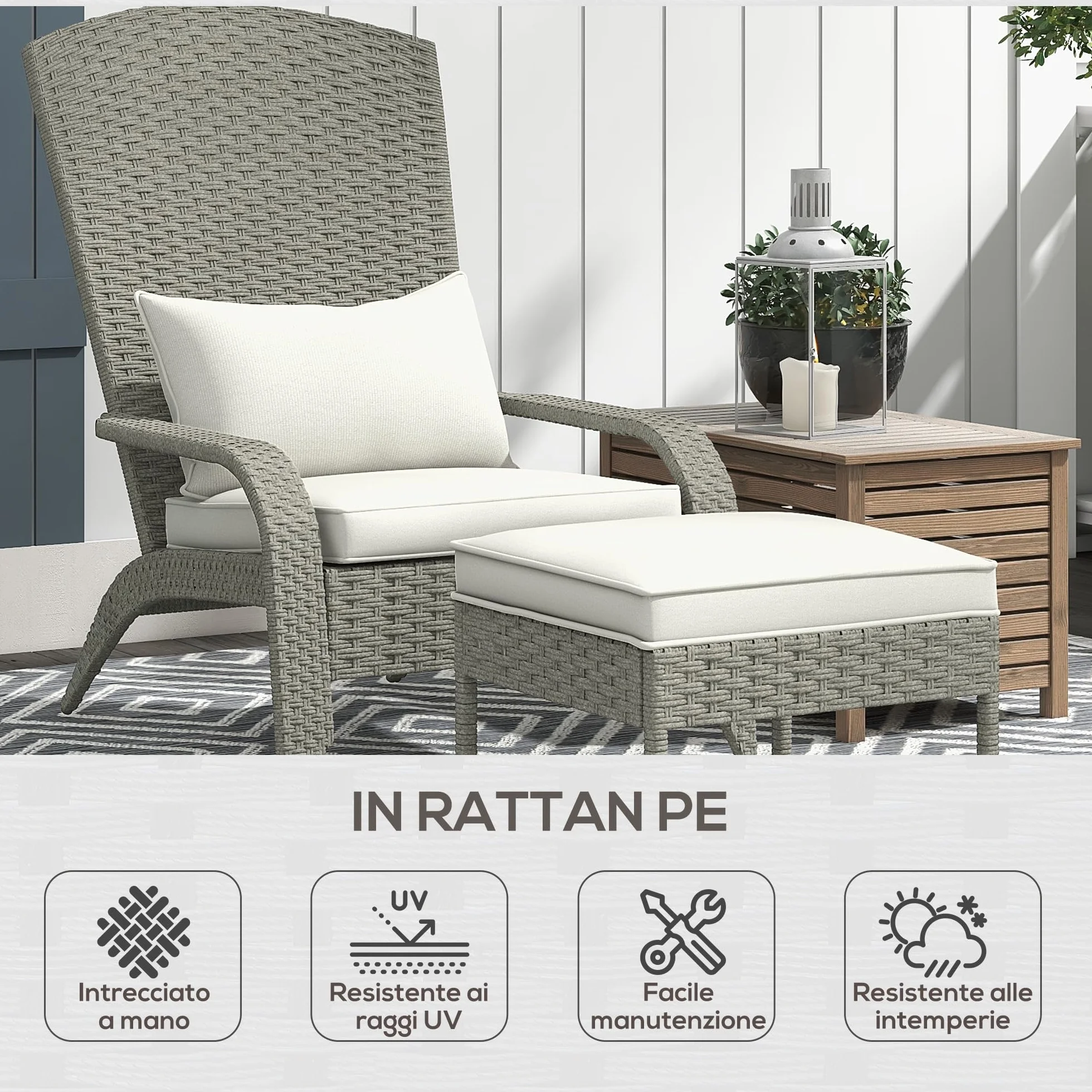 Outsunny Sedia da Giardino con Poggiapiedi, Braccioli e Cuscini Imbottiti, Sedia Adironrack in Rattan e Acciaio, 64x82x89 cm, Grigio e Bianco Crema