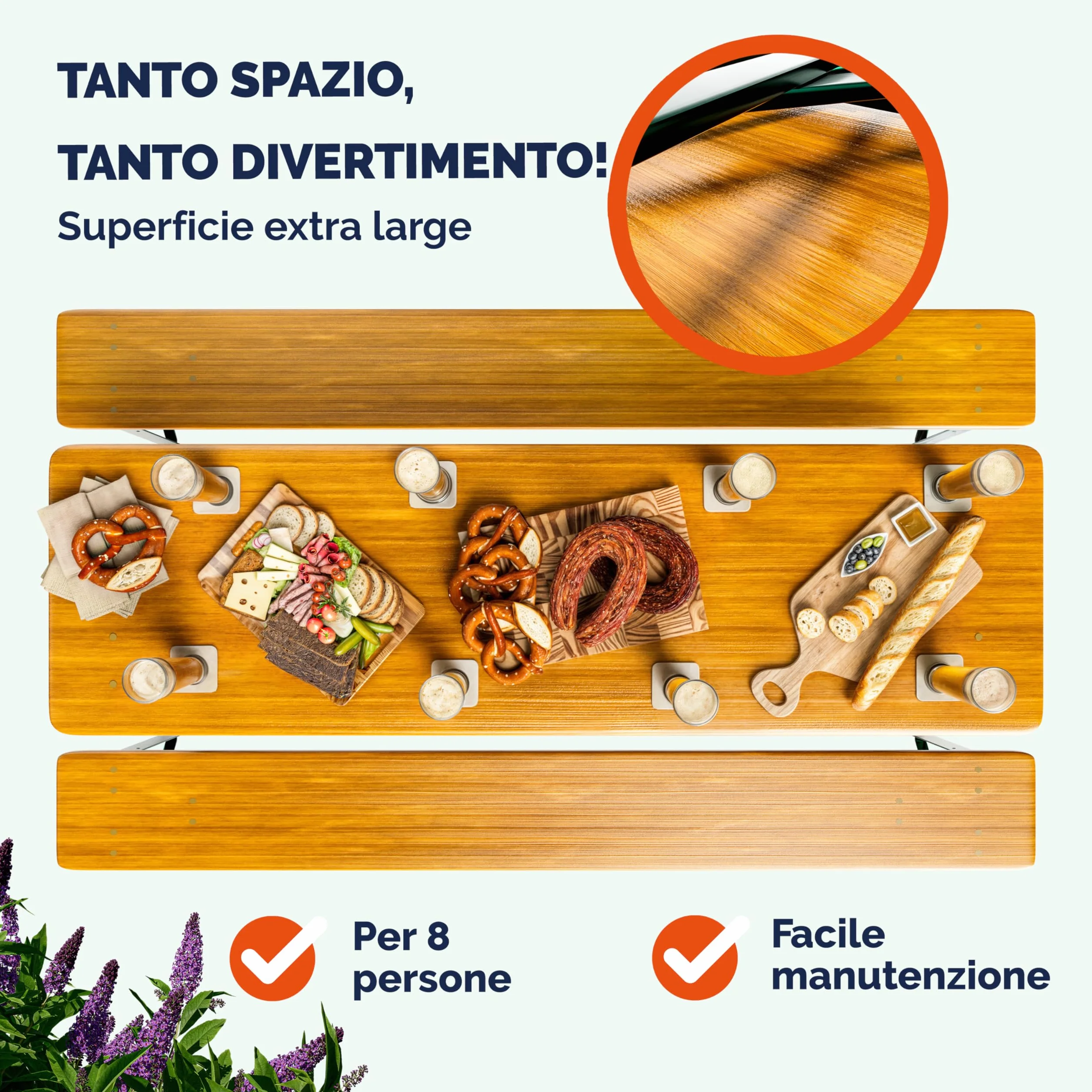 Casaria Pieghevole Set Tavolo da Birreria 170cm con Foro Ombrellone 2x Panche in Legno da Giardino