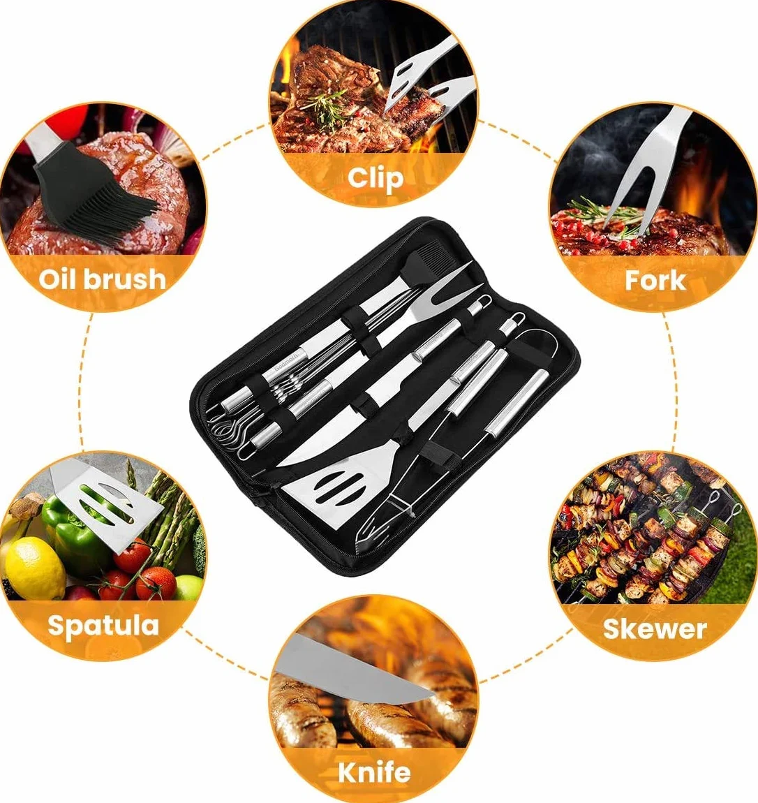 Set 9 pezzi Utensili barbecue+Guanti da Barbecue,Acciaio Inox Set Di Attrezzi,Guanti da forno Doppio Resistente al Calore - 1472 ° F / 800 ° C,per Barbecue, Grigliate, Cottura al forno, Camino