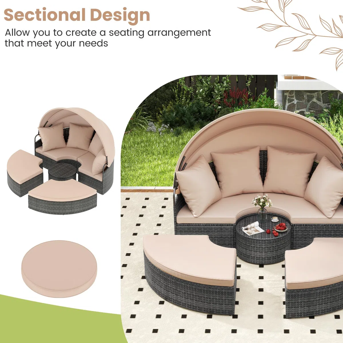 LIFEZEAL Isola Prendisole, Rattan Intrecciato a Mano, Componibile, Letto con Tettuccio Parasole Regolabile da Giardino Esterno, Salttto con Divani, Tavolino, Cuscini, Balcone, Mare, Piscina (beige)