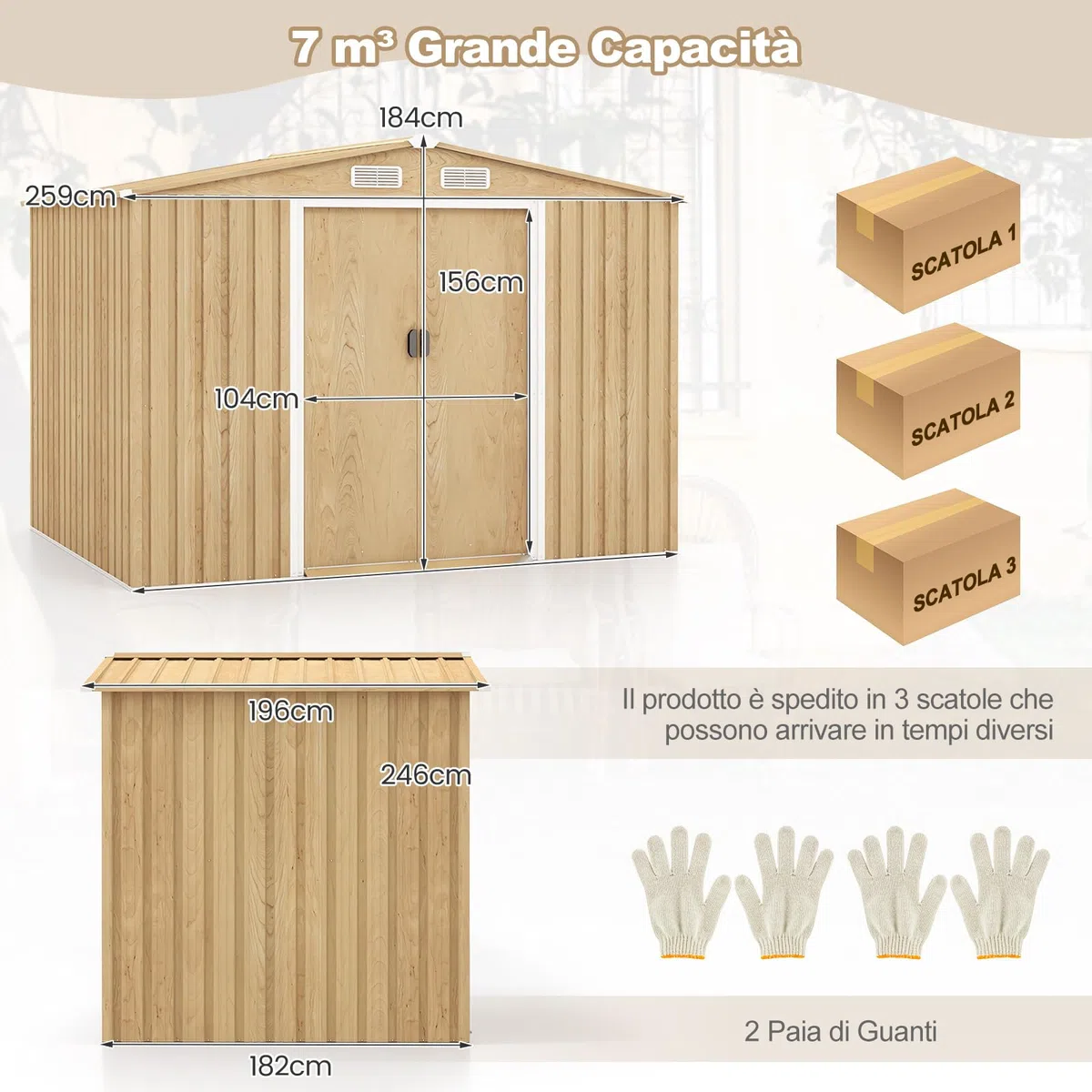 RELAX4LIFE Casetta da Giardino per Attrezzi, in Lamiera d'Acciaio e e Lamiera Zincata con Fondazione, Doppie Porte Scorrevoli, Rampa, 4 Fori di Ventilazione e 4 Guanti Inclusi (259 x 196 x 184 cm)