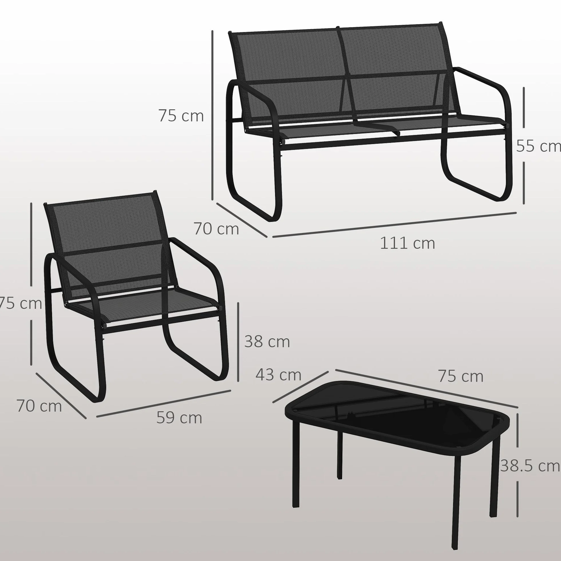 Outsunny 5-częściowy zestaw salonowy ogrodowy z 2 sofami, 2 fotelami i stolikiem kawowym, stal, Textilene, czarny