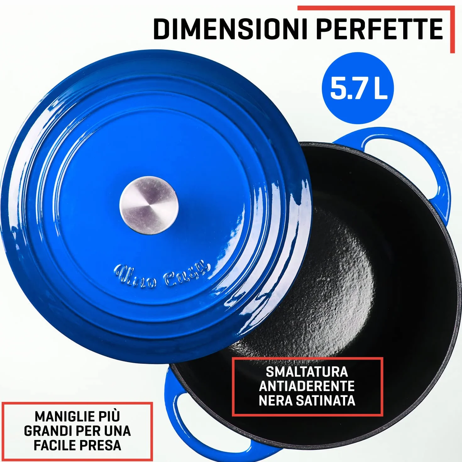 Uno Casa Pentola Forno Olandese in Ghisa Smaltata 5,6 litri Blu con Presine e Sottopentola in Silicone