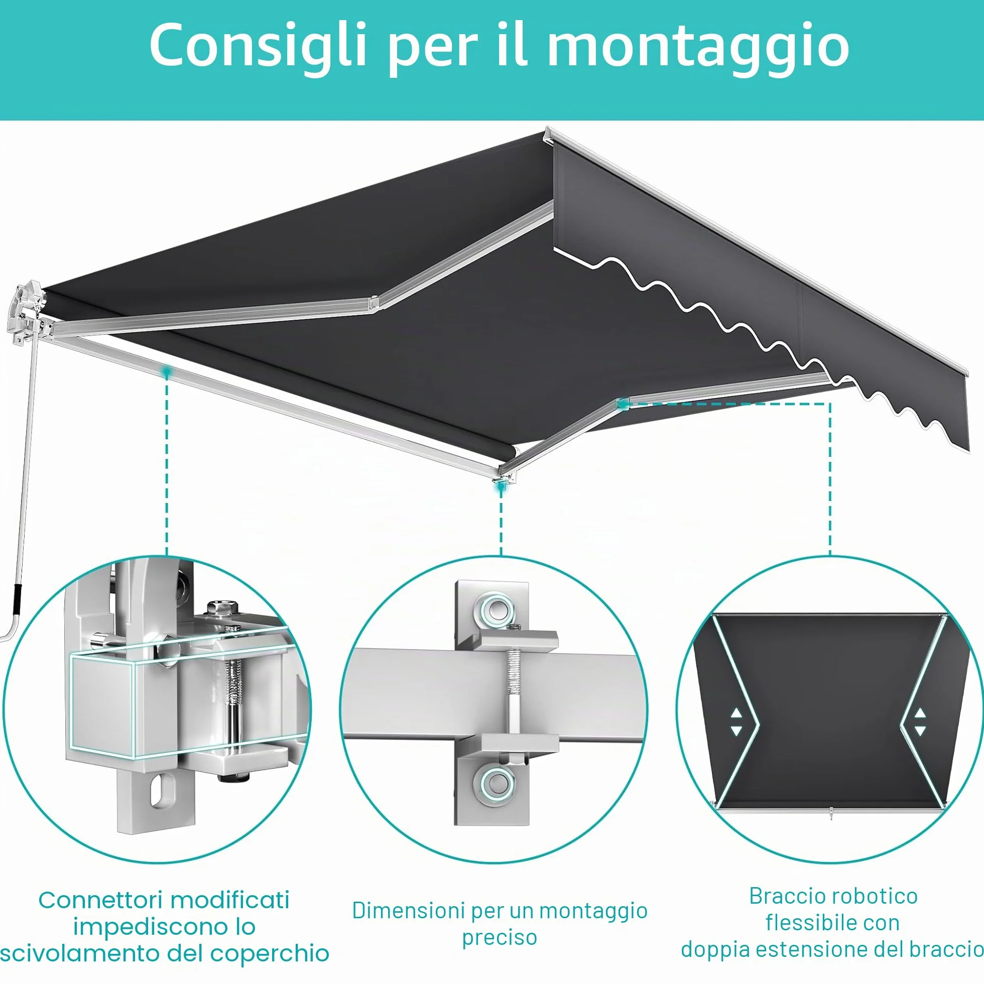 Tenda da sole per balcone con manovella impermeabile antipolvere altezza regolabile grigio scuro 3,6 x 3 m